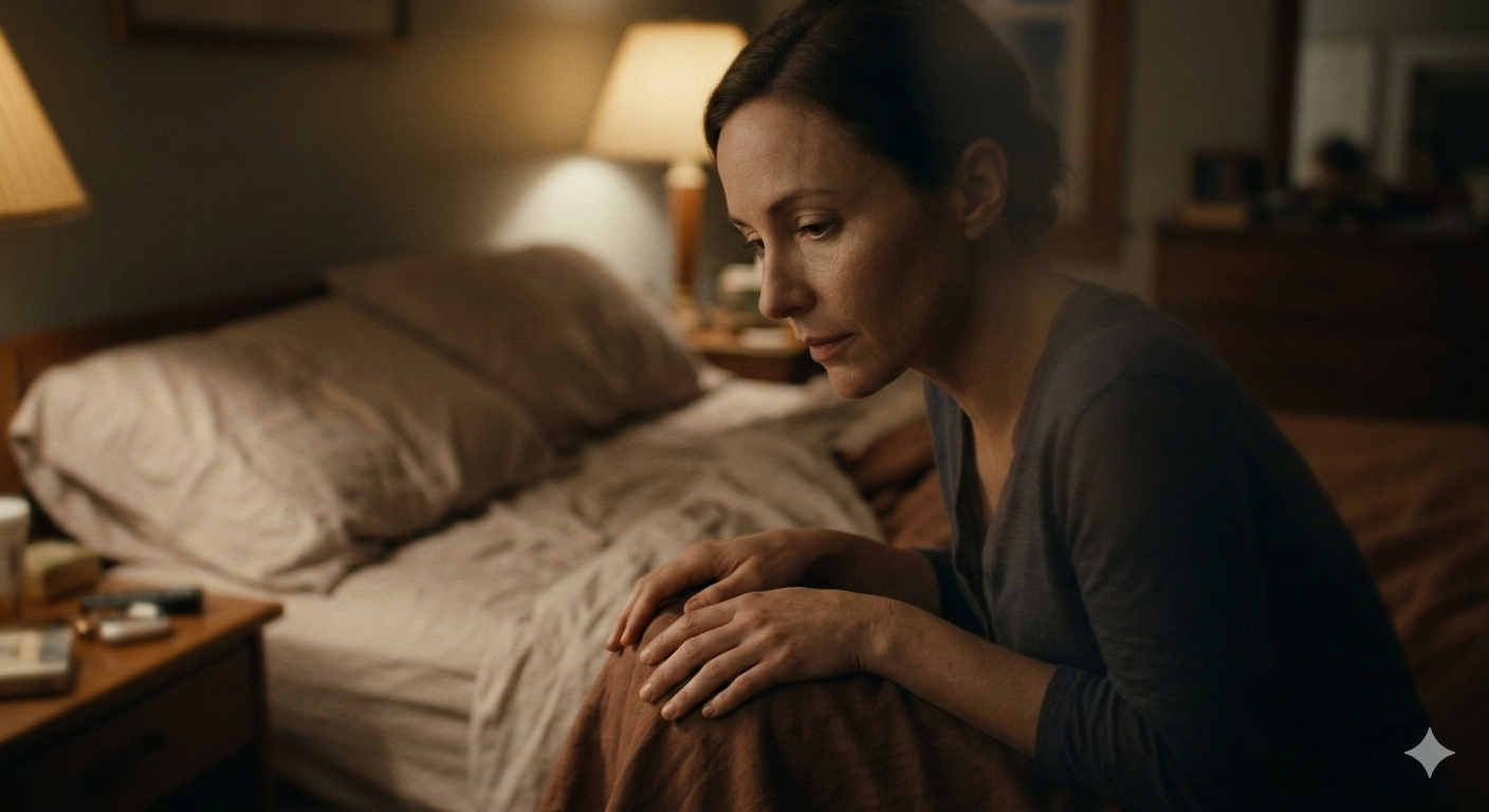 A person sitting alone on the edge of a bed in soft light, representing how the body holds and stores emotional pain