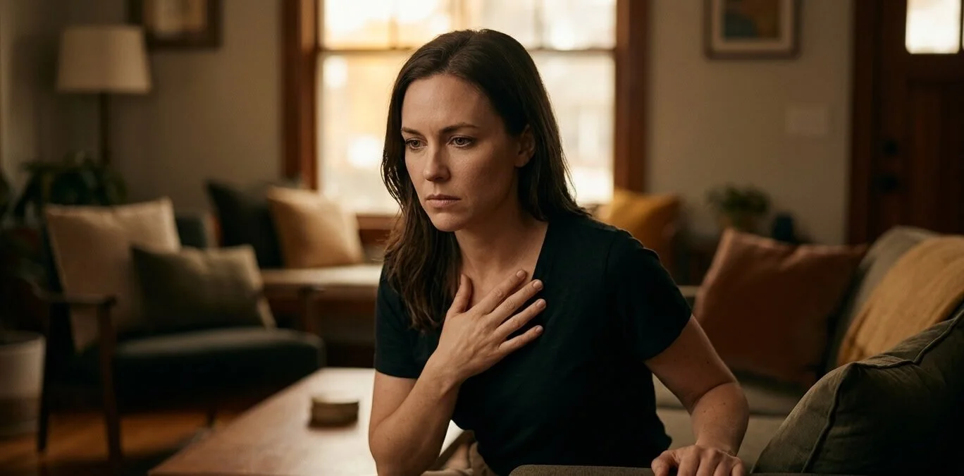 Woman sitting on the edge of a sofa with her hand on her chest, looking tense and bracing herself in a warmly lit living room