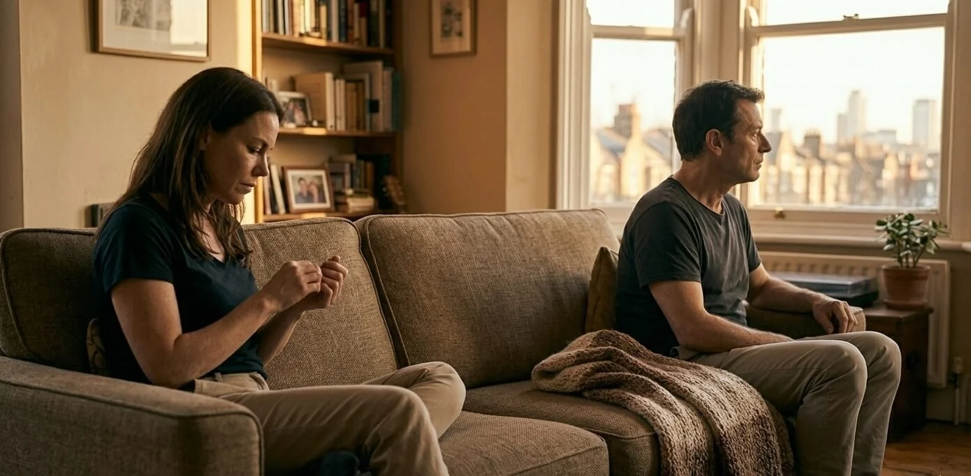 Two people sitting on the same sofa with space between them, one looking down and the other gazing toward a window in warm light