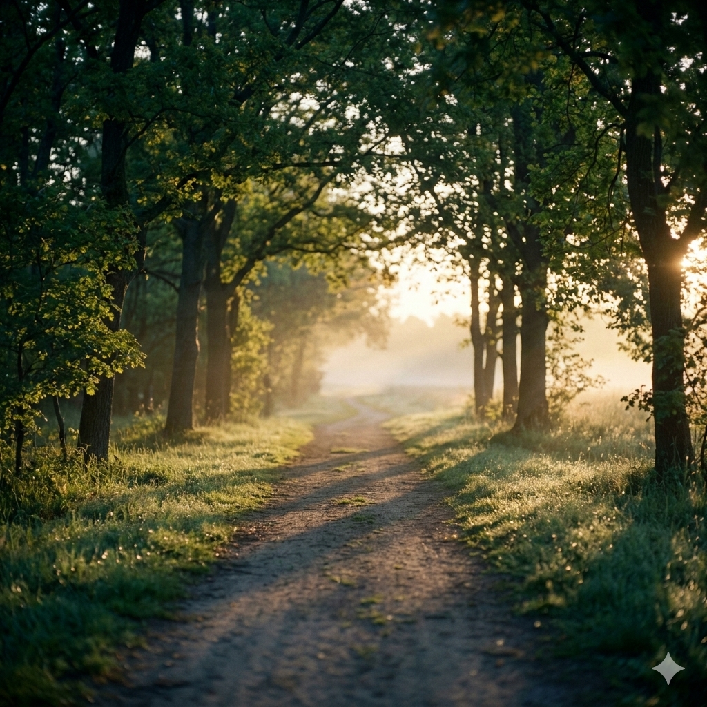 A quiet country path with soft golden morning light filtering through trees, suggesting calm returning after a difficult period