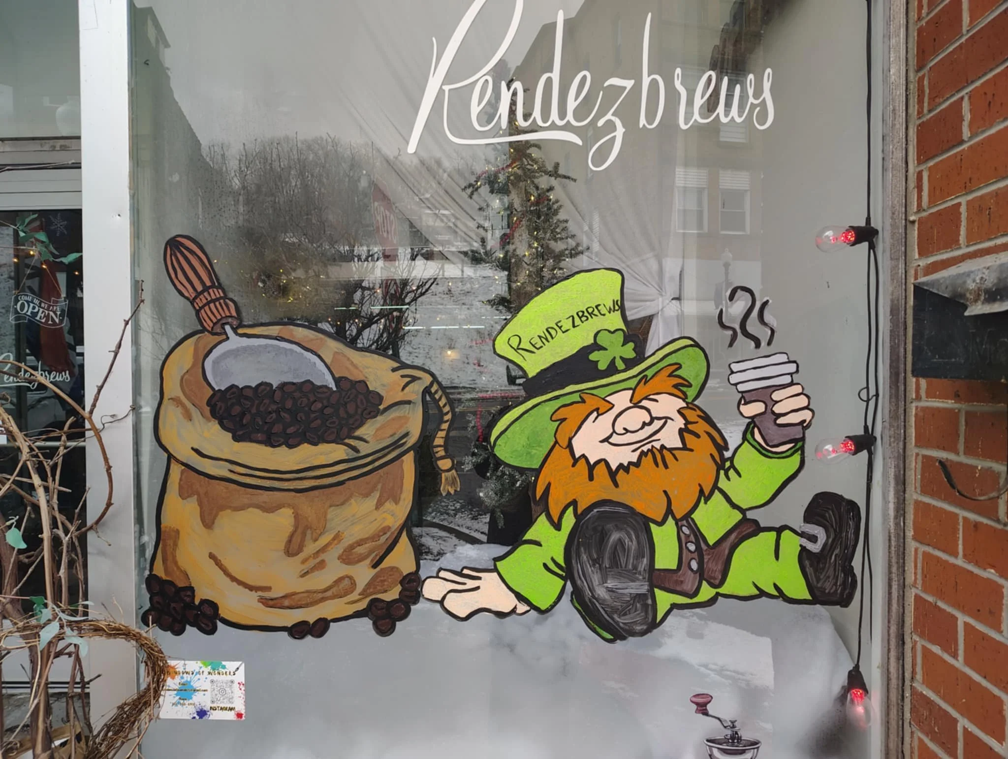 Holiday window for local cafe Rendezbrews
