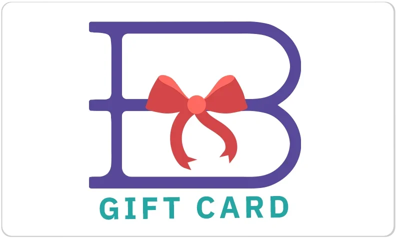 A graphic design with a large purple letter B containing a red ribbon bow in the center and the words 'GIFT CARD' written below in teal.