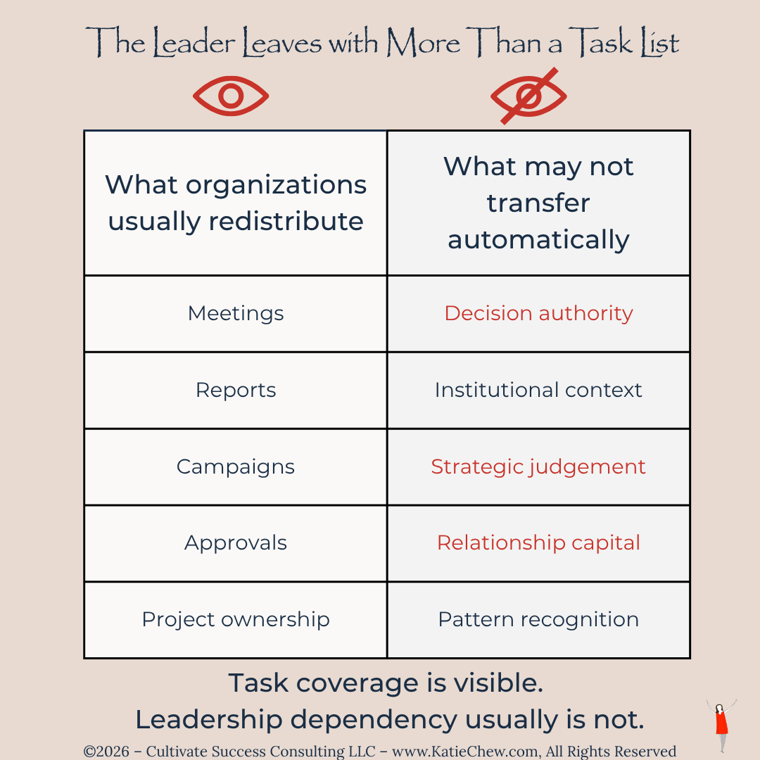 Leadership parental leave coverage showing visible tasks that can be redistributed versus decision authority, context, judgment, relationships, and knowledge that do not transfer automatically.