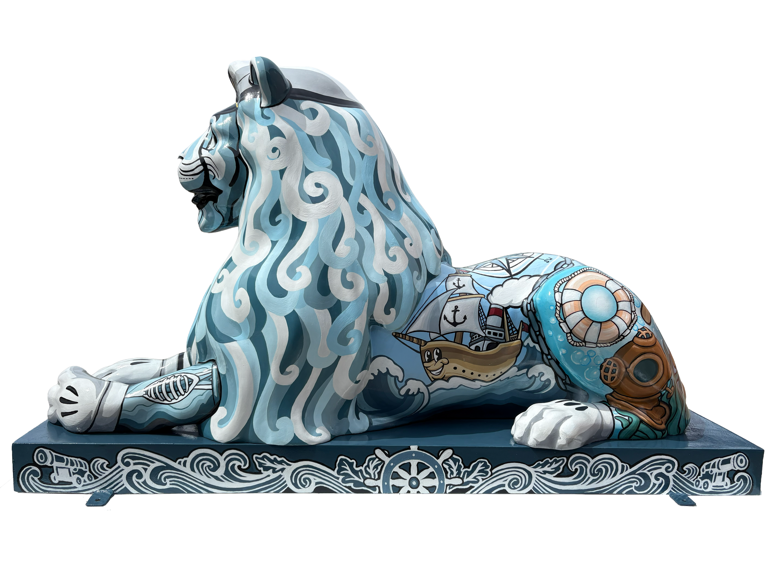 A colorful, stylized sculpture of a lion with flowing mane, decorated with nautical and maritime themes, including ships, anchors, and waves, set against a black background.