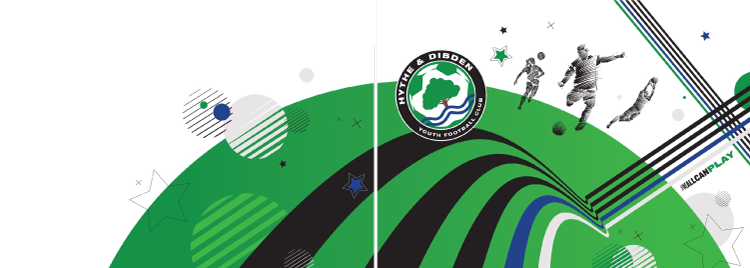 Youth football team logo with players running on a stylized green and black field, featuring the Heyne and Dibsden youth football logo and abstract graphic elements.