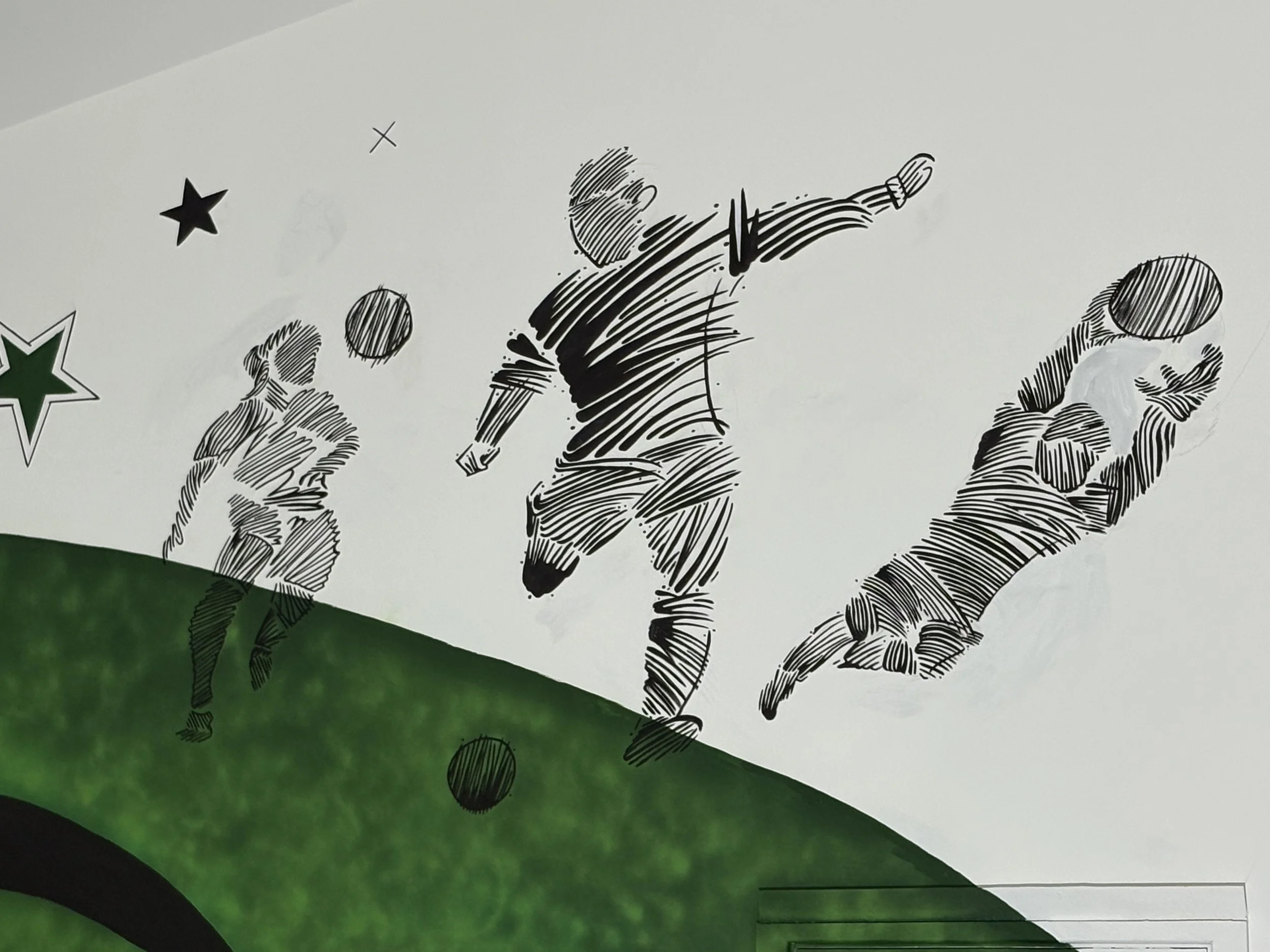 A black and white line drawing of a person playing golf, with a golf club in hand, on a white background with decorative stars, against a green surface.