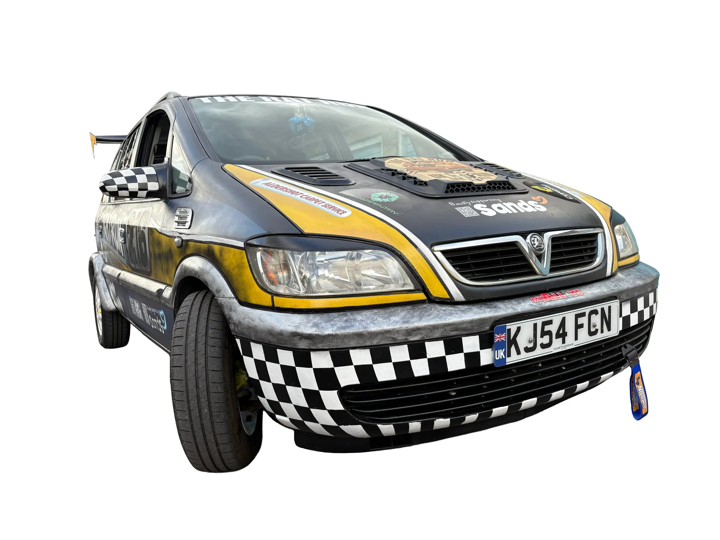 Close-up of a race car with sponsorship decals, a checkered rearview mirror, a racing number, and a unique hood design.