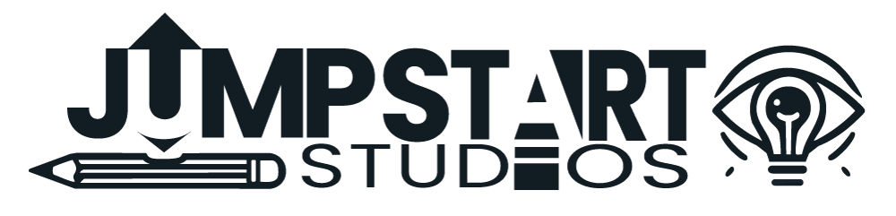 Logo of JumpStart Studios featuring stylized text, a pencil, and a light bulb