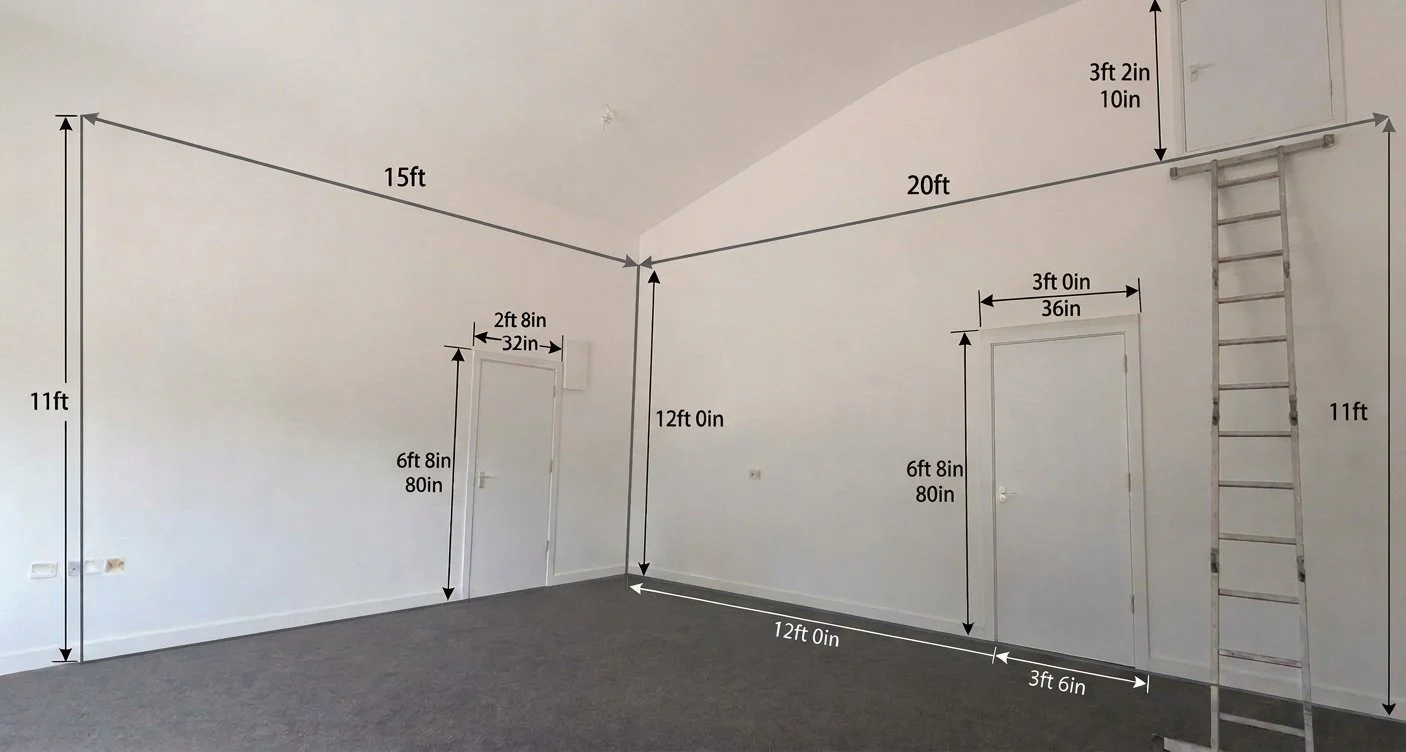 Interior room with measurements and ladder on the right wall.