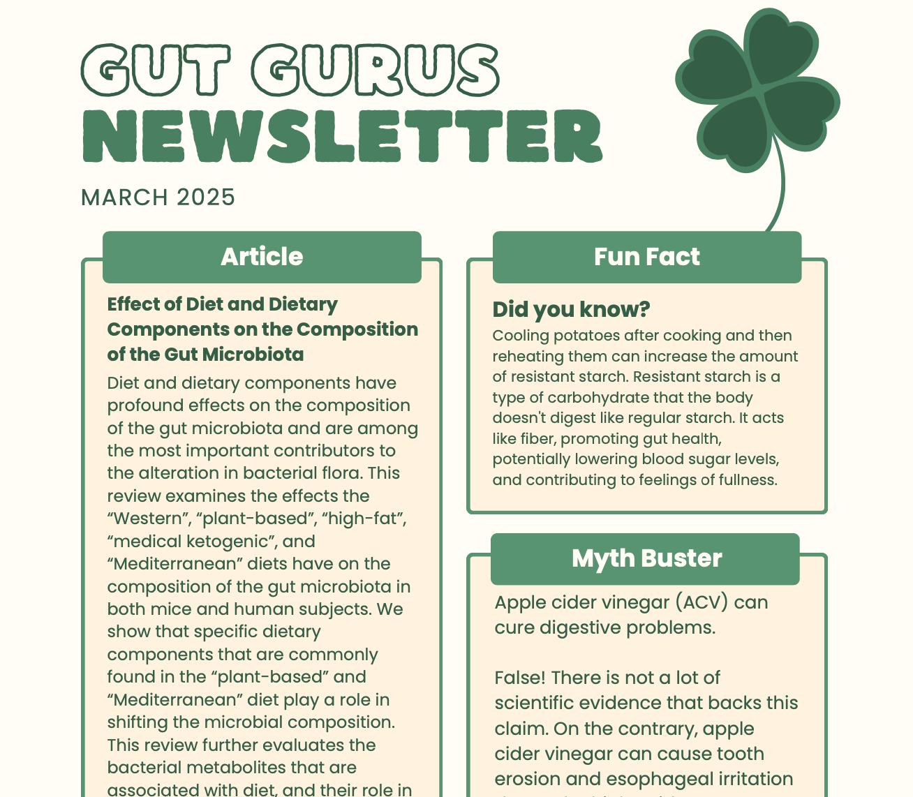 Newsletter titled 'GUT GURUS' for March 2025. It includes three sections: an article on diet and gut microbiota, a fun fact about resistant starch in potatoes, and a myth buster about apple cider vinegar not curing digestive problems. A shamrock design is featured.