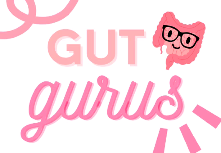 Illustration of intestines with glasses and the text 'Gut Gurus' in pink letters.