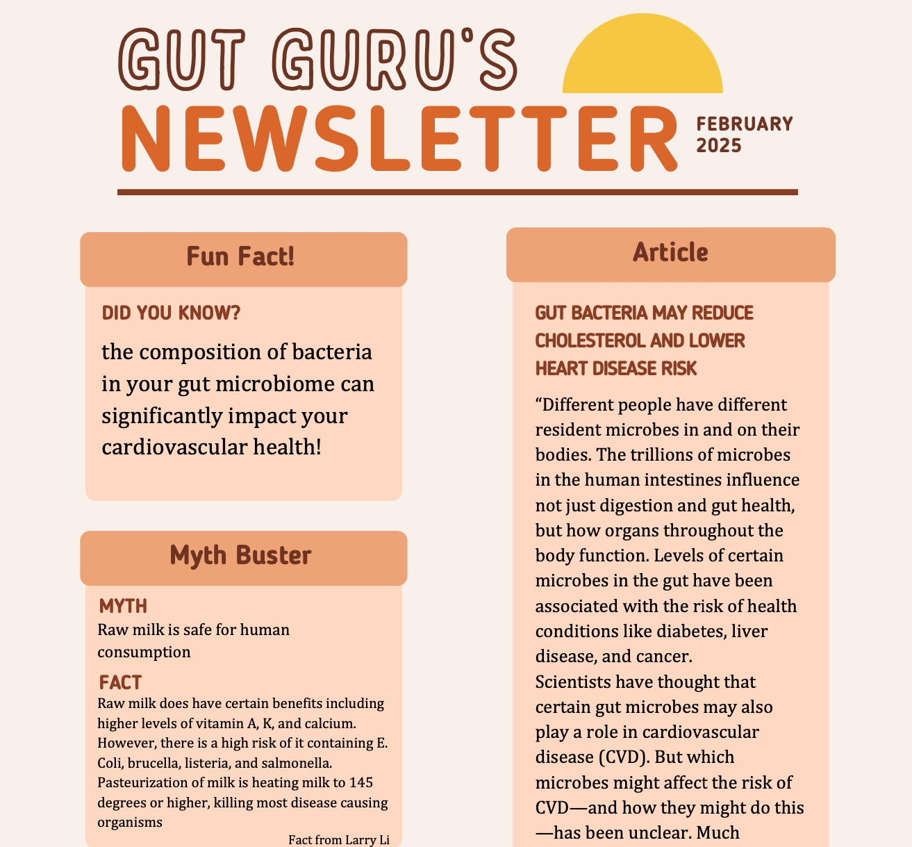 Infographic titled 'Gut Guru's Newsletter February 2025' featuring a fun fact about gut microbiome impacting cardiovascular health, a myth buster debunking the safety of raw milk, and an article on gut bacteria reducing cholesterol and heart disease risk.