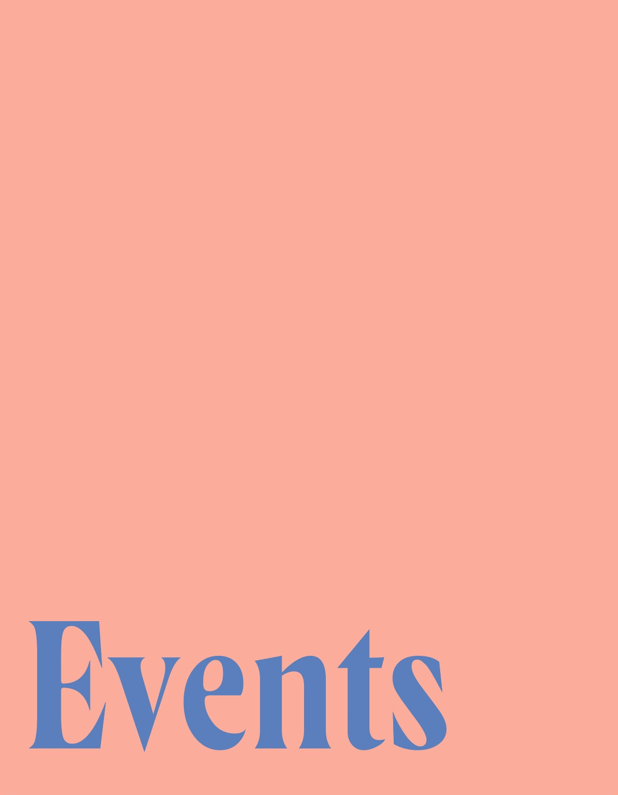 Pink background with the word 'Events' in large blue letters at the bottom left corner.