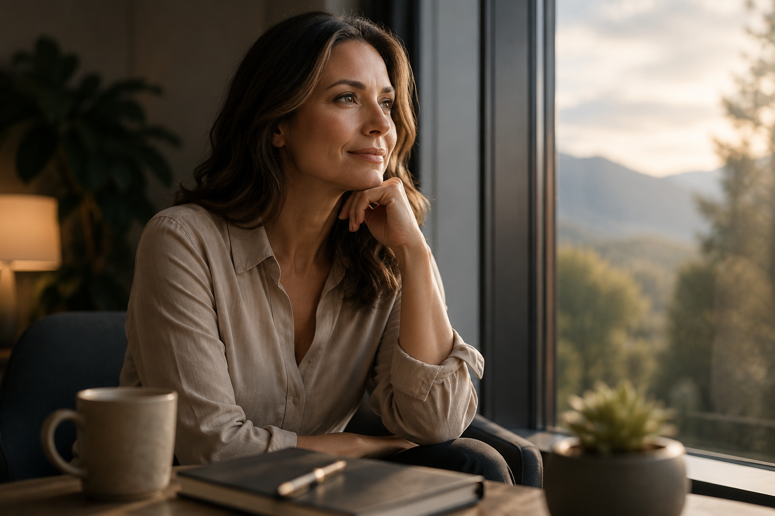 A woman with brown hair and a beige shirt sitting by a window, gazing outside with a peaceful expression. There is a mug, a notebook, and a small plant on the table in front of her.