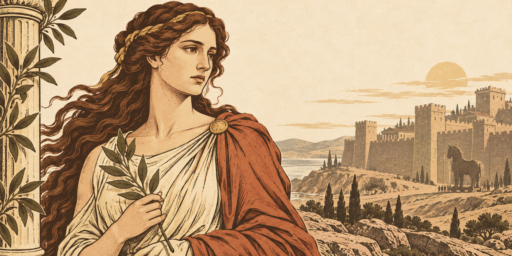 Illustration of Cassandra of Greek mythology outside the walls of Troy