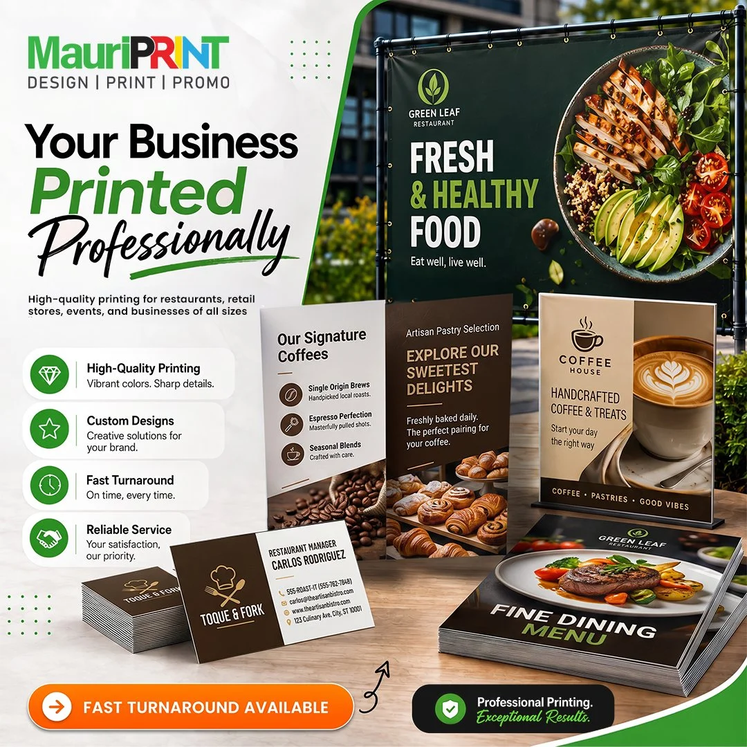 Your brand deserves to stand out &mdash; and we make sure it does. 🔥
From banners and menus to business cards and table displays, MauriPrint delivers high-quality printing that makes a lasting impression.

✅ Vibrant Colors
✅ Custom Designs
✅ Fast Tu