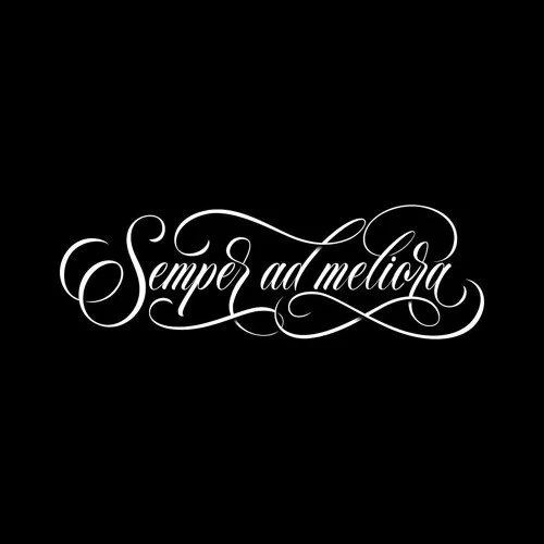 Elegant white calligraphy on black background that reads "Semper ad meliora"