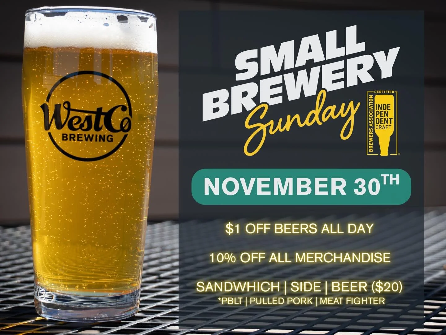 We&rsquo;re celebrating #SmallBrewerySunday today, and we&rsquo;re serving up specials all day long! 🥳

$1 Beers | $20 Meal &amp; Beer Combos | 10% off Merch

#westcobrewing #gjco #downtowngj #coloradomesauniversity #stateofcraftbeer #coloradobrewer