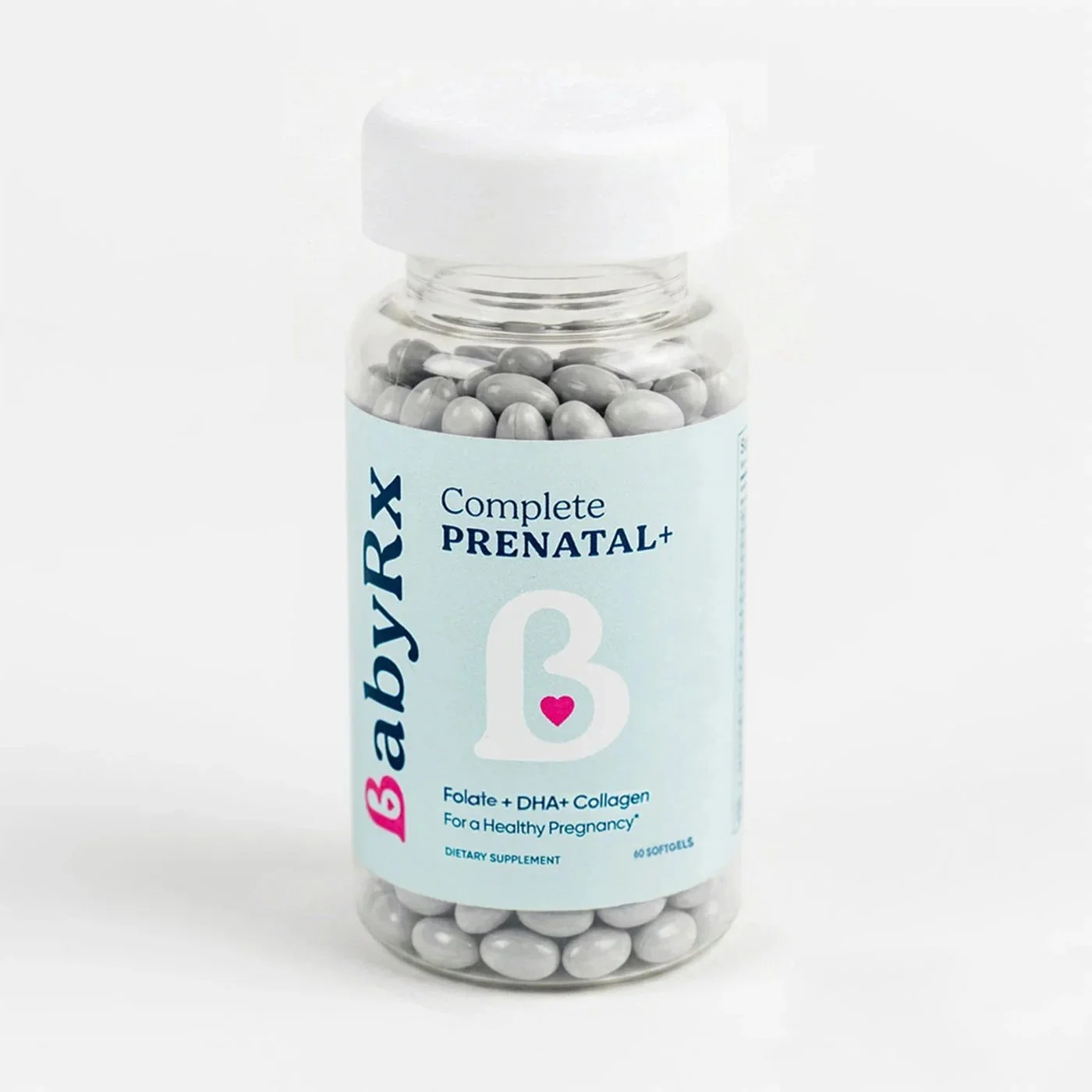 Bottle of BabyLixir Complete Prenatal supplement with white and gray pills, focusing on the label that mentions folate, DHA, collagen, and prenatal health.