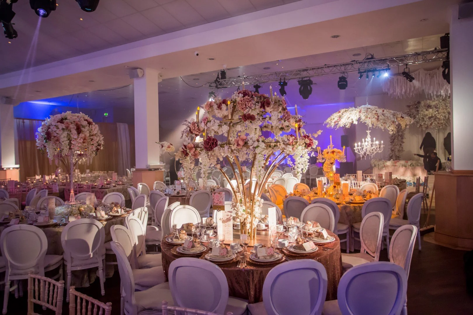 Elegant banquet hall decorated with large floral centerpieces on round tables, draped in pink and gold, with white chairs and chandeliers, illuminated with soft purple and warm lighting, set for a formal event or wedding reception.