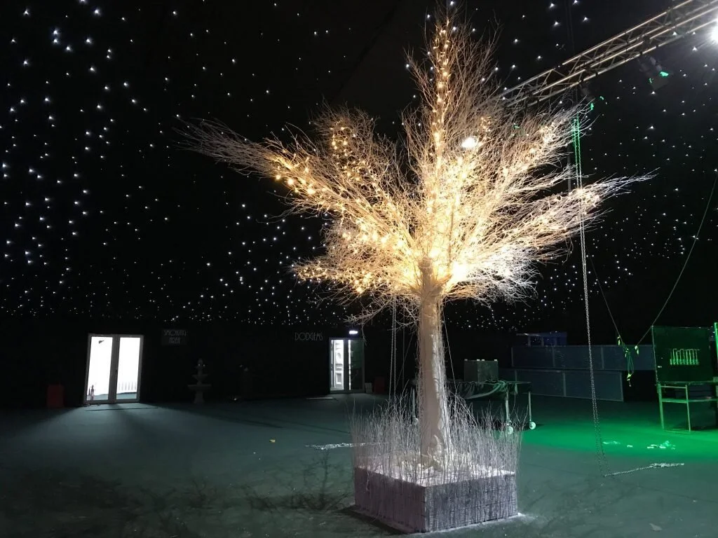 Decorative white tree with lights in an indoor space with star-like ceiling lights and dark walls.