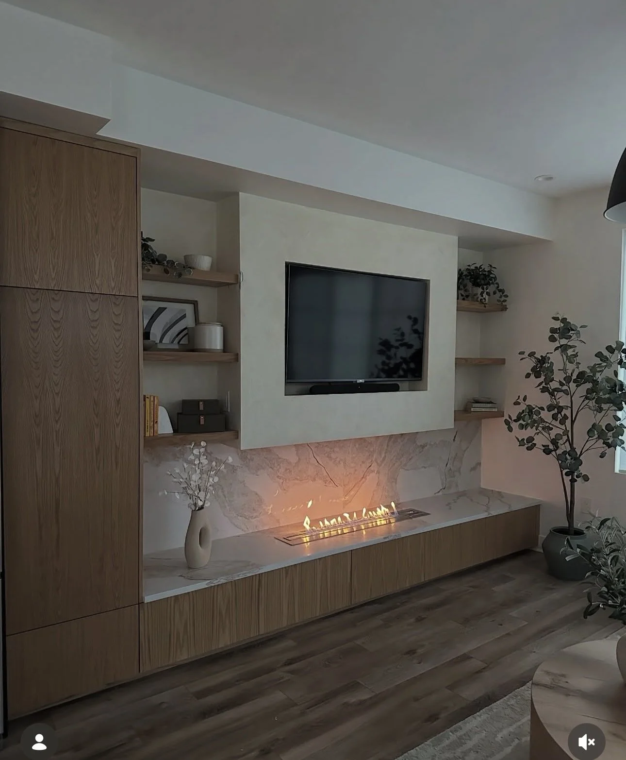 Complete living room renovation - gas fireplace, built in shelving, recess TV