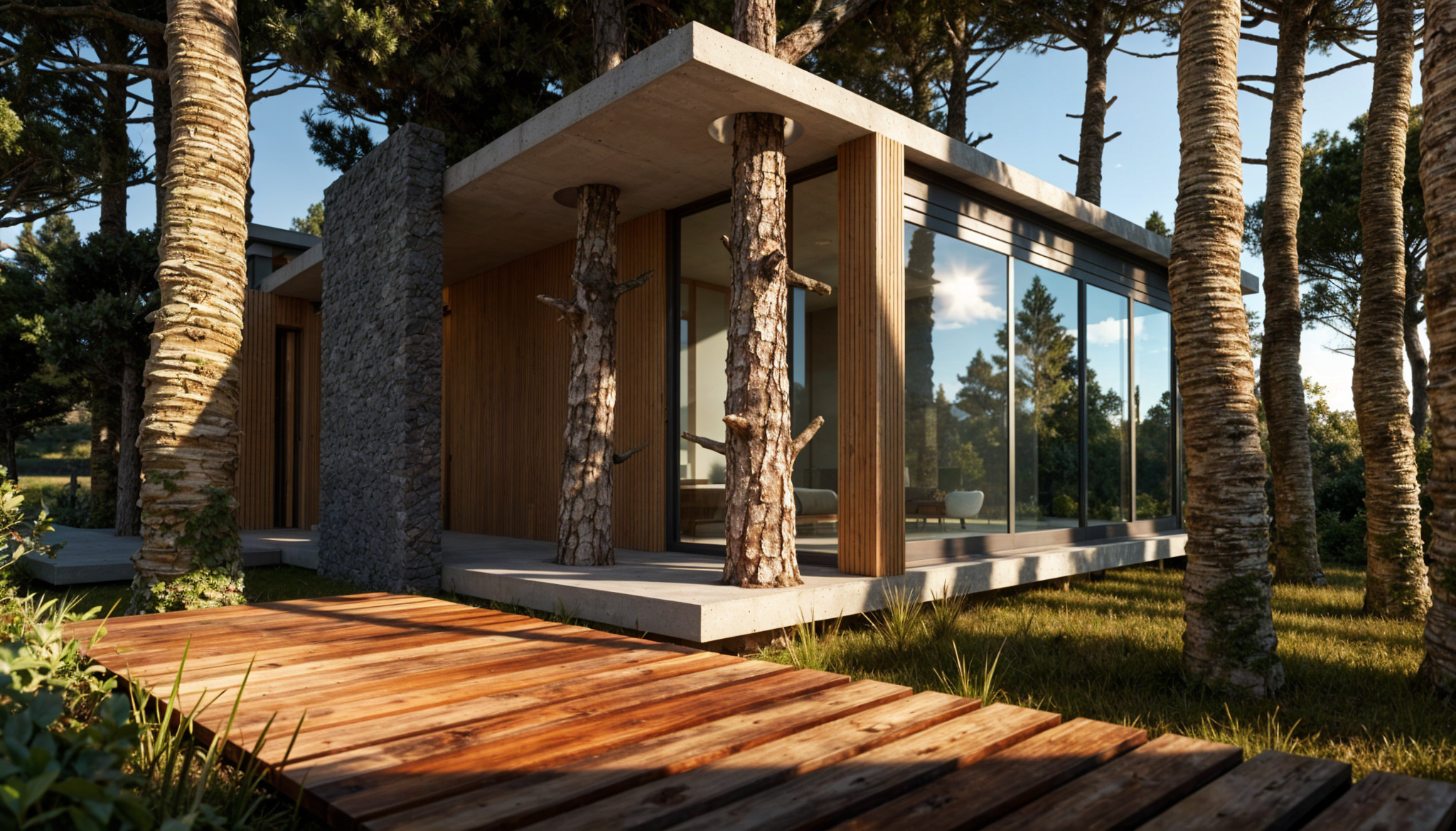 Casa moderna de vidrio y madera en un bosque con árboles y vía de madera en primer plano.