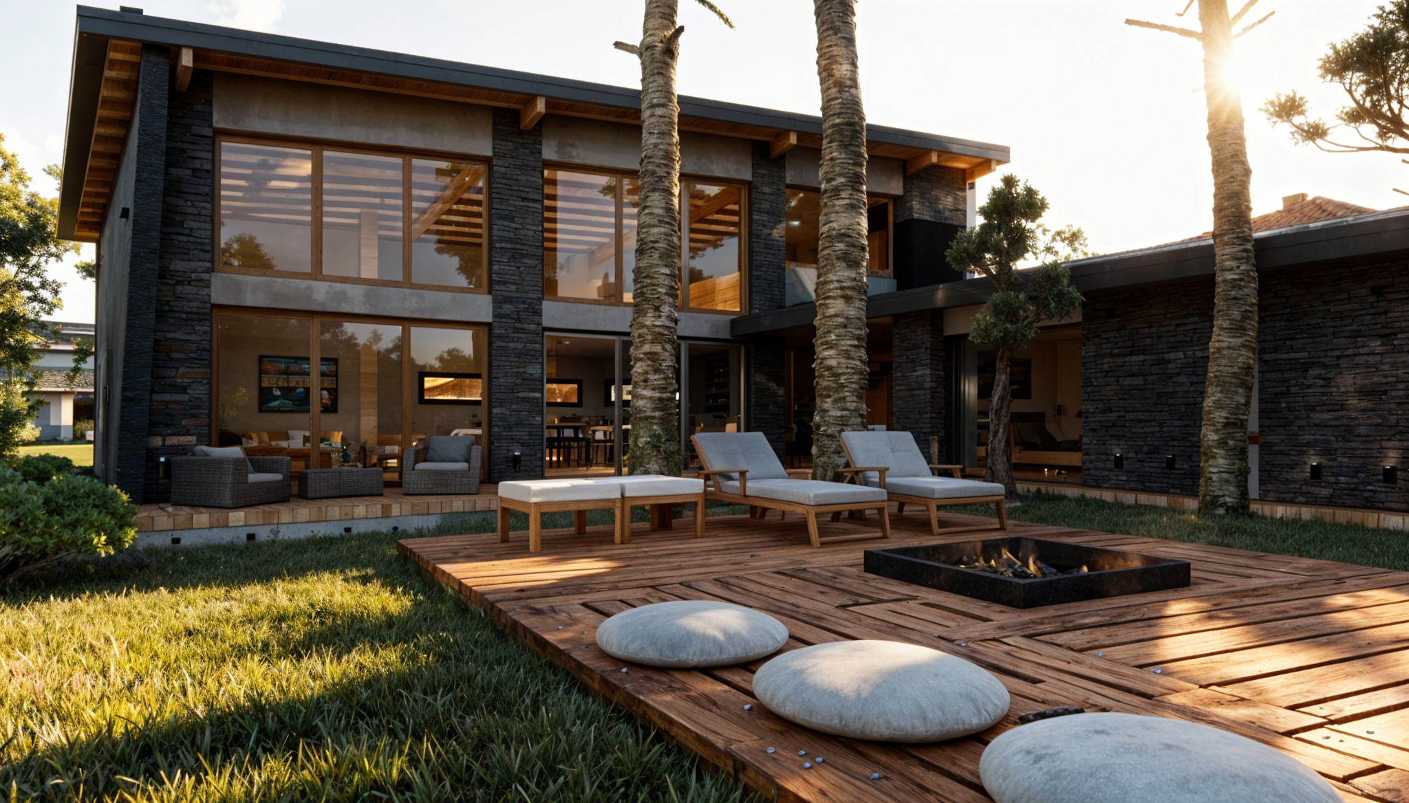 Casa moderna de dos pisos con paredes de piedra y grandes ventanas, rodeada de palmeras, con un área exterior de madera con sillas, camas y un fogón, durante el atardecer.