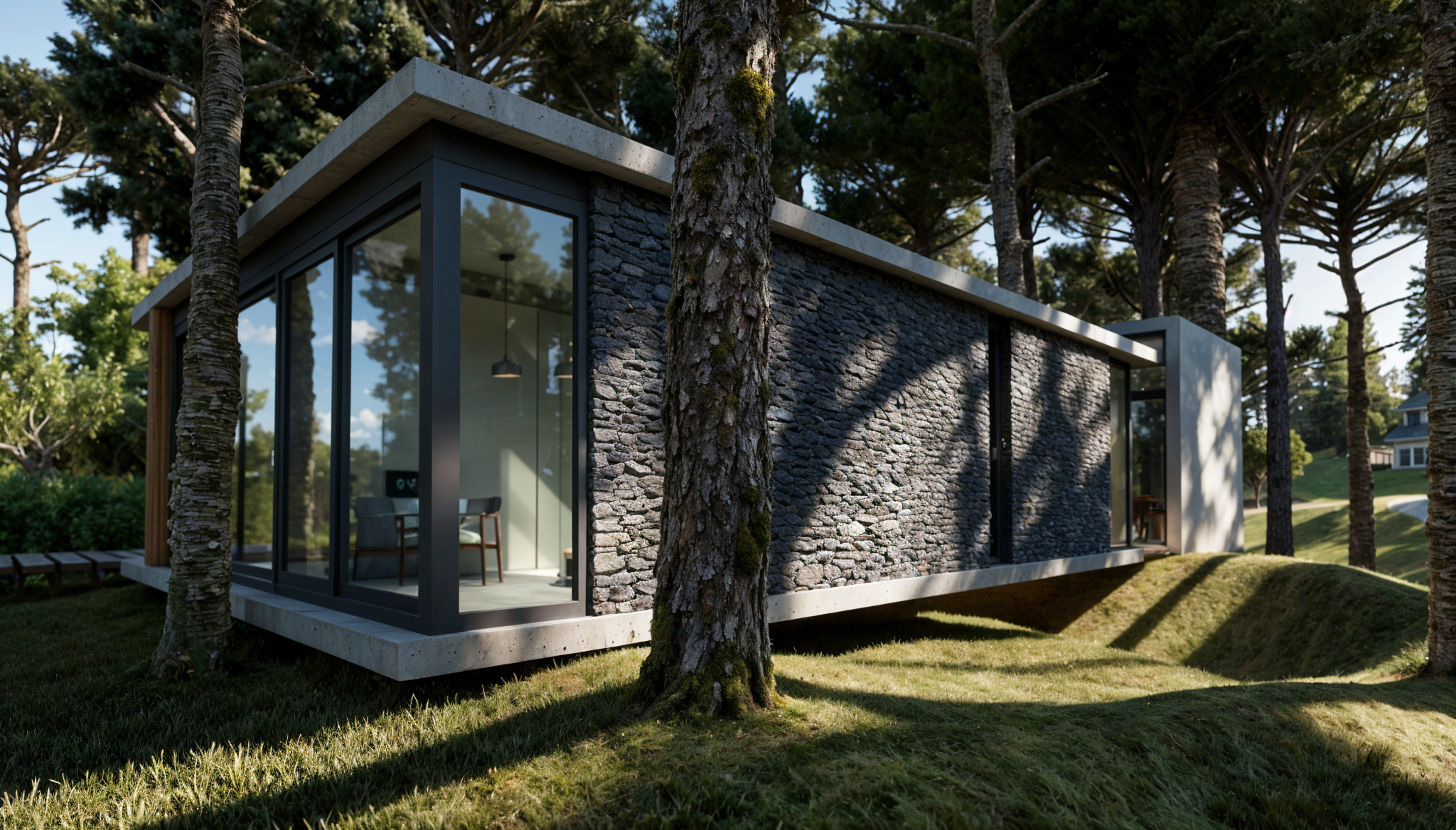 Casa moderna de estructura de vidrio y piedra, rodeada de árboles en un entorno natural, con ventanas grandes y sombra de árboles en el césped.