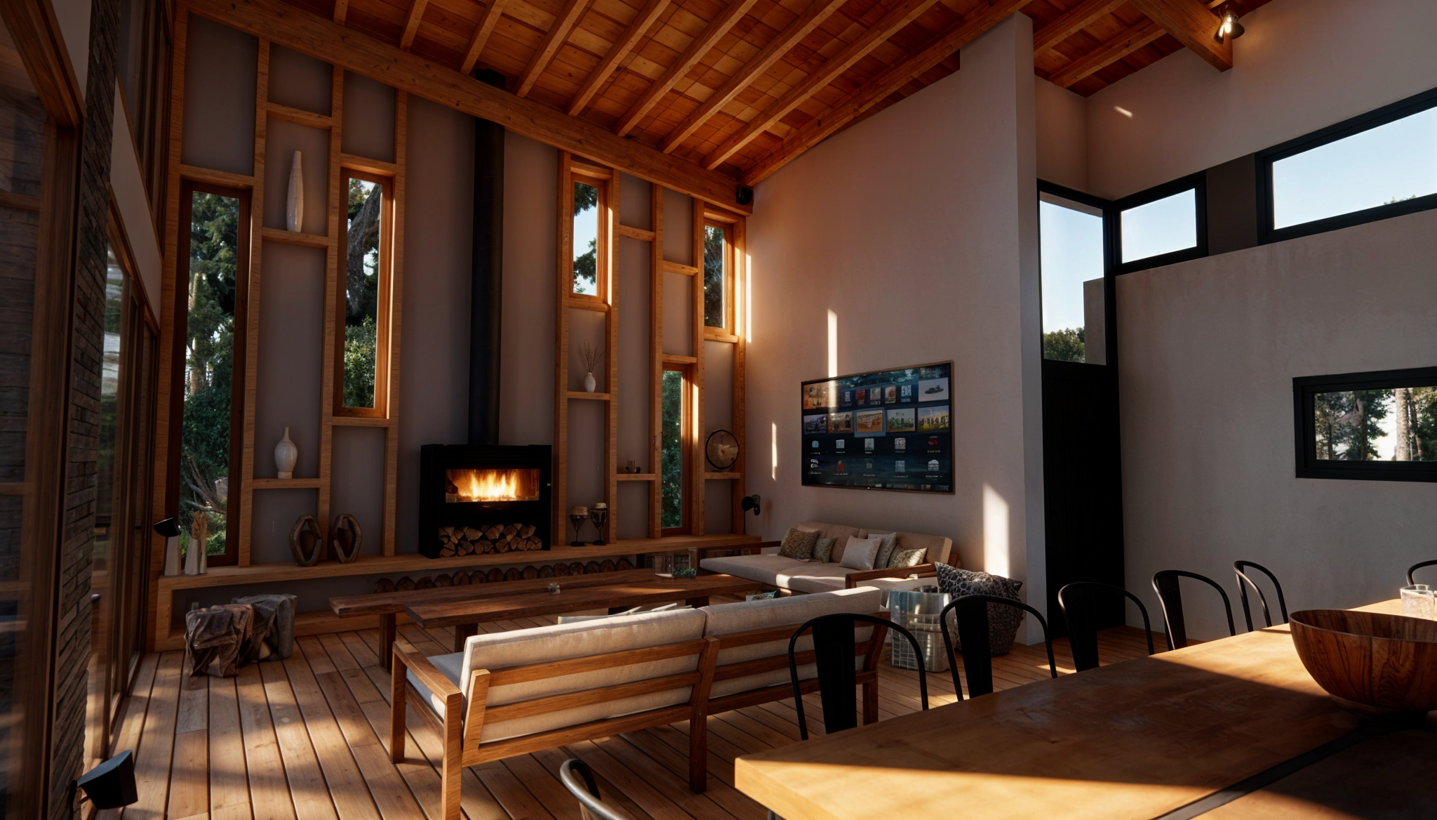 Sala de estar moderna con muebles de madera, chimenea encendida, paredes blancas, ventanas altas y grandes, decoraciones sencillas y techos de madera.