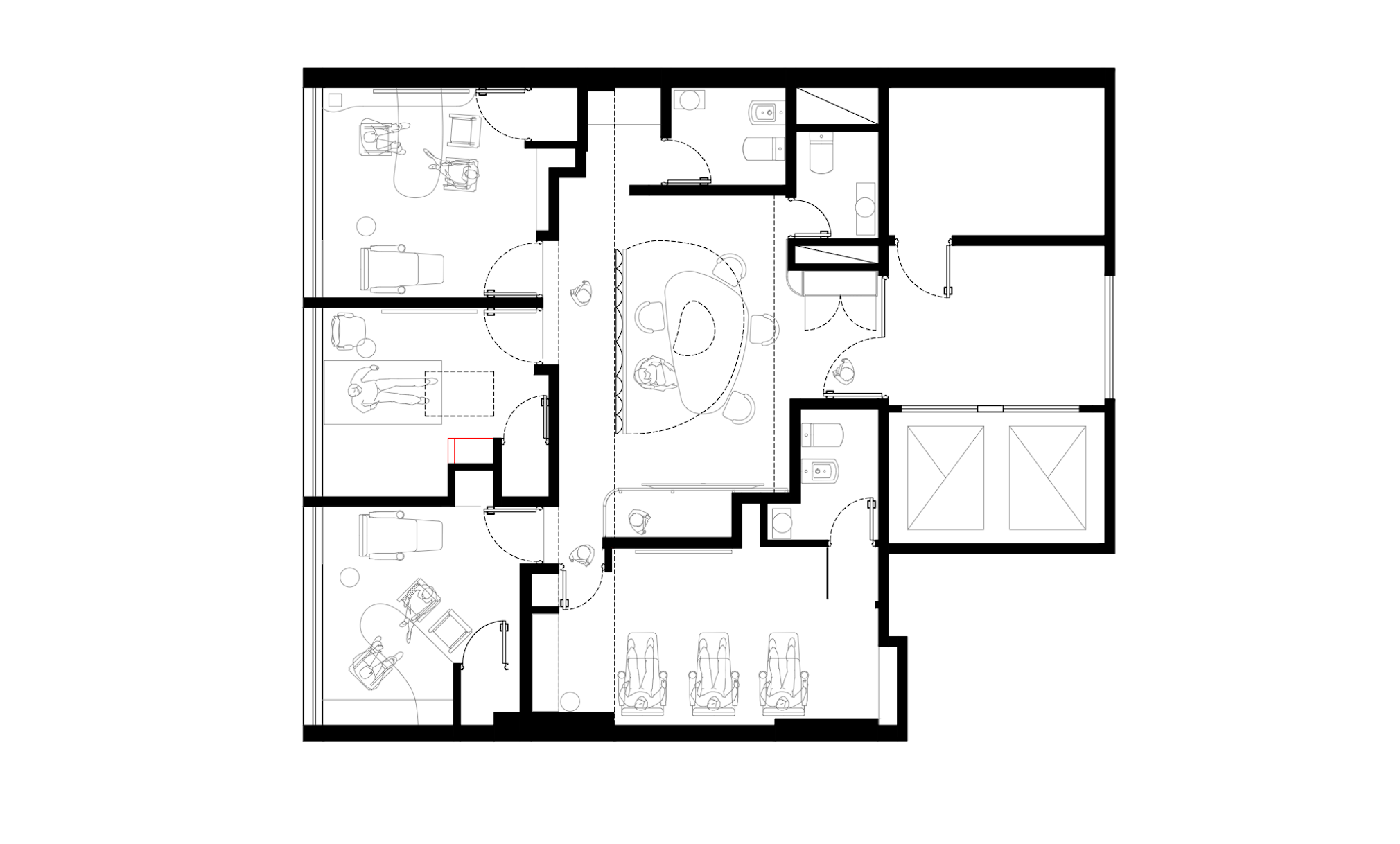 Plano de una casa con varias habitaciones, salas de estar, oficinas, baños y un garaje con espacio para tres autos