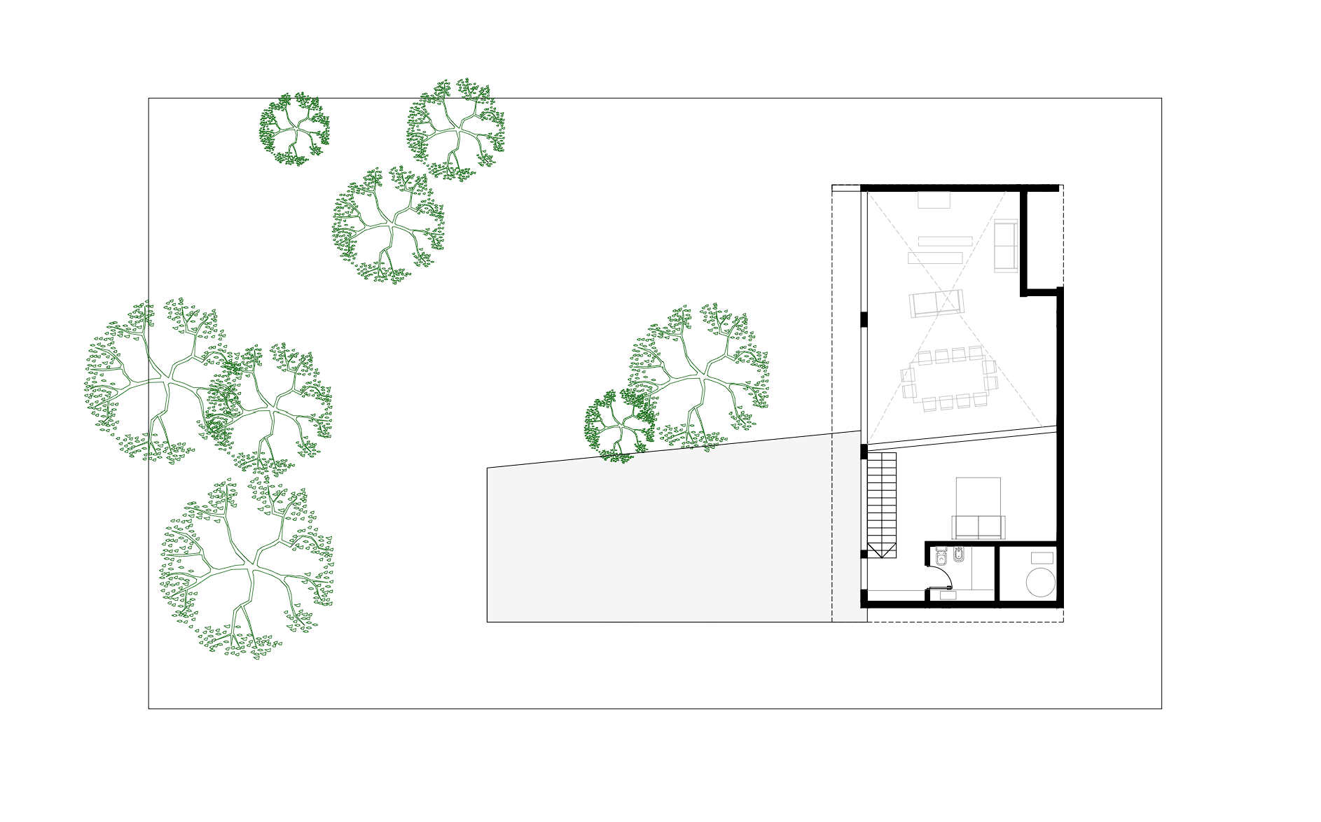 Plano arquitectónico de una vivienda con áreas verdes y árboles en el exterior.