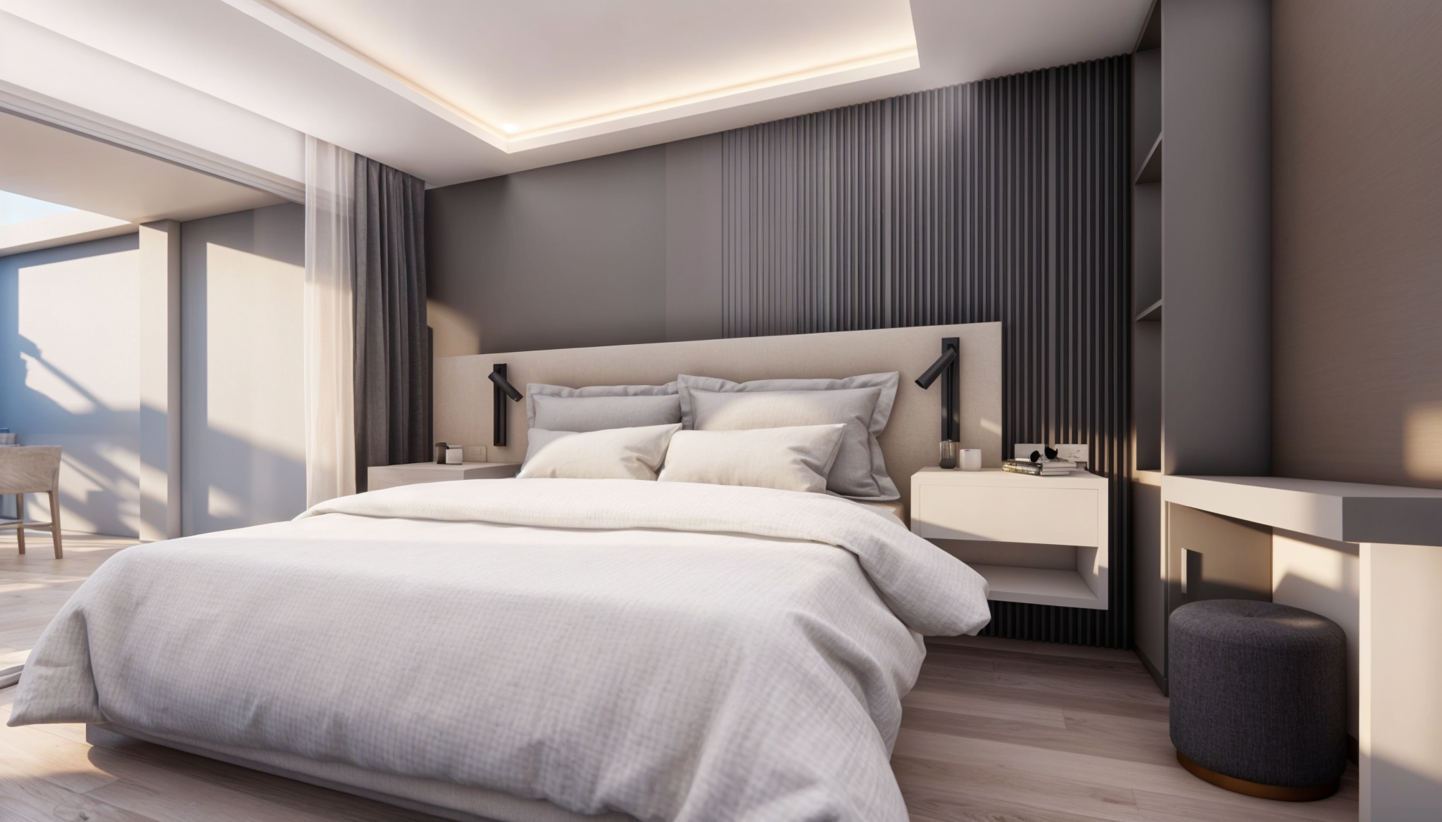 Habitación moderna y minimalista con cama grande, paredes grises, cabecera blanca, lámparas negras y mesitas laterales blancas, ventana con cortinas y luz natural.
