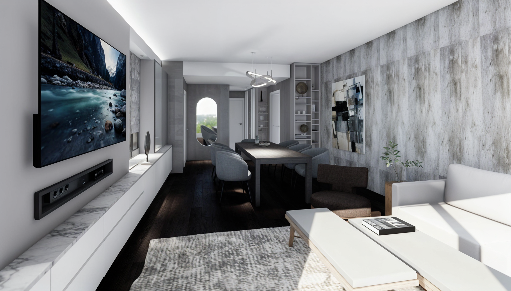 Sala de estar moderna con sofá blanco, mesa de centro, mueble con decoración y televisor grande que muestra un paisaje de río y montañas.