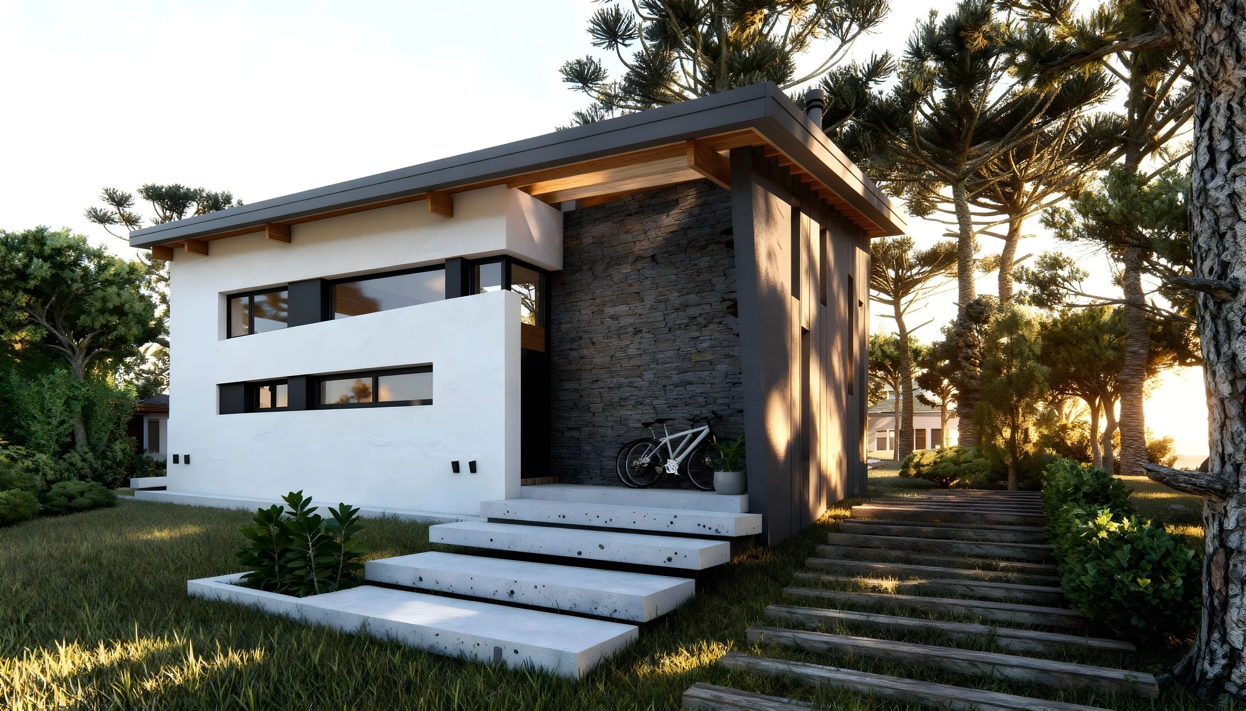 Casa moderna de dos pisos con paredes blancas y acristaladas, rodeada de árboles y césped, con escaleras blancas y un camino de tablas de madera en un entorno natural al atardecer.