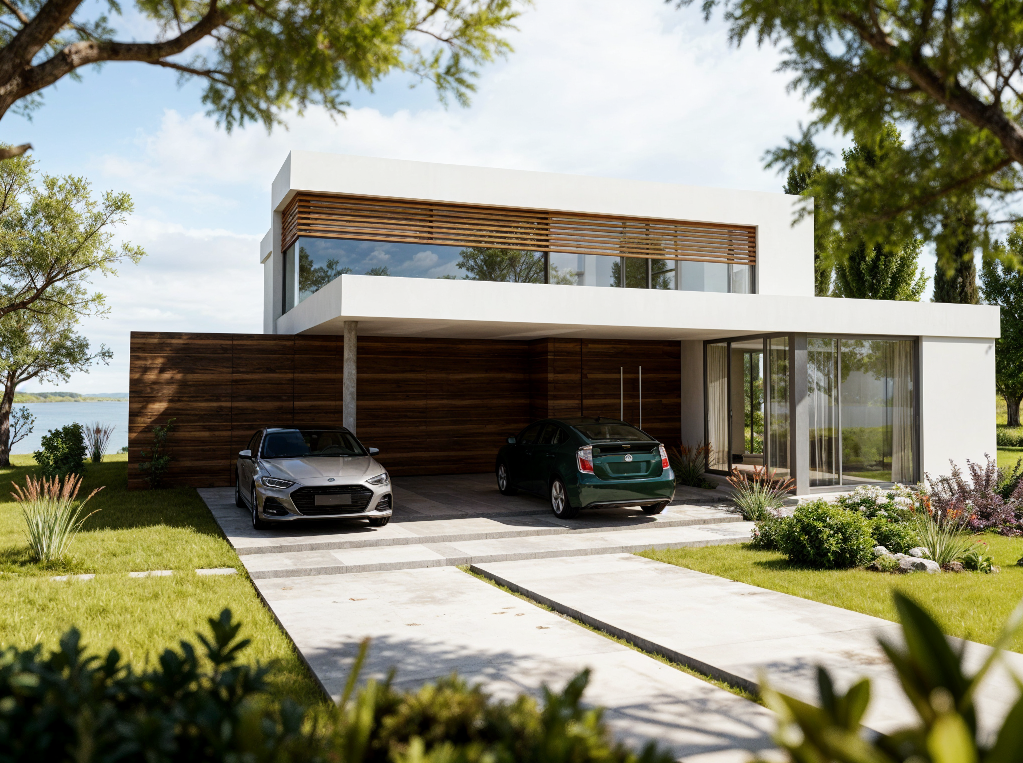 Casa moderna de dos pisos con garaje y jardines verdes, frente a un lago, en un día soleado.
