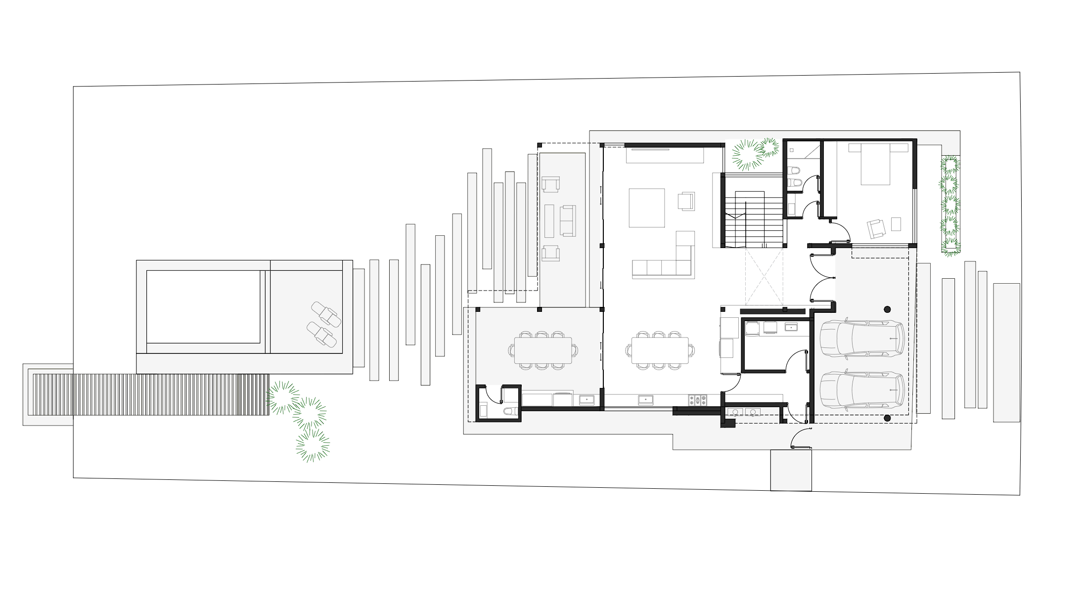 Plano arquitectónico de una casa con espacios interiores y exteriores, incluyendo garaje con dos autos, áreas de convivencia, dormitorios, baños y zona de piscina en el patio.