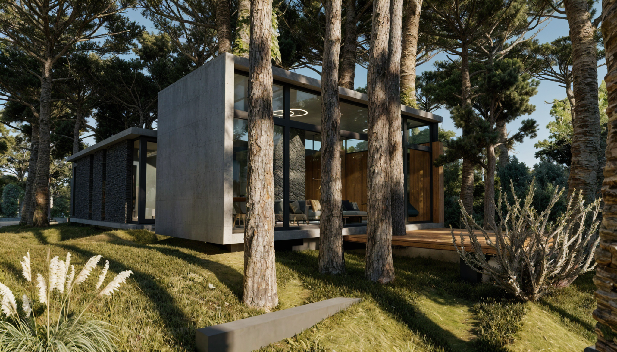 Casa moderna de vidrio y concreto en medio de árboles y vegetación