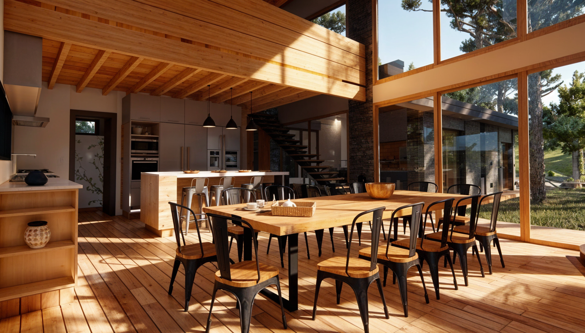 Interior moderno de una casa con paredes de cristal, mobiliario de madera, mesa grande y sillas negras, con vista a un jardín con árboles.