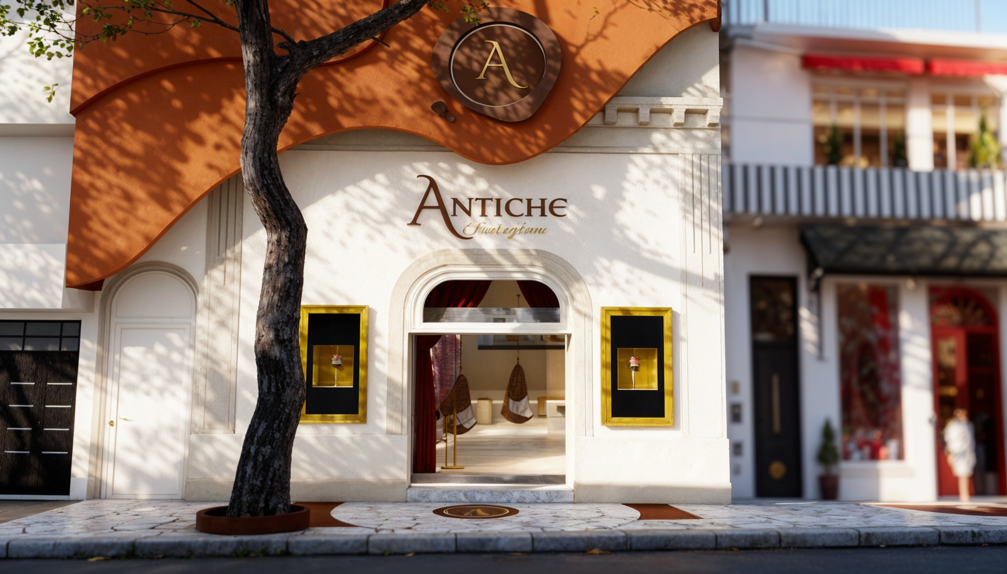 Fachada de un edificio con cartel que dice 'Antiche'. Entrada con cortinas rojas y decoraciones doradas, y un árbol en la acera frente a la entrada. 