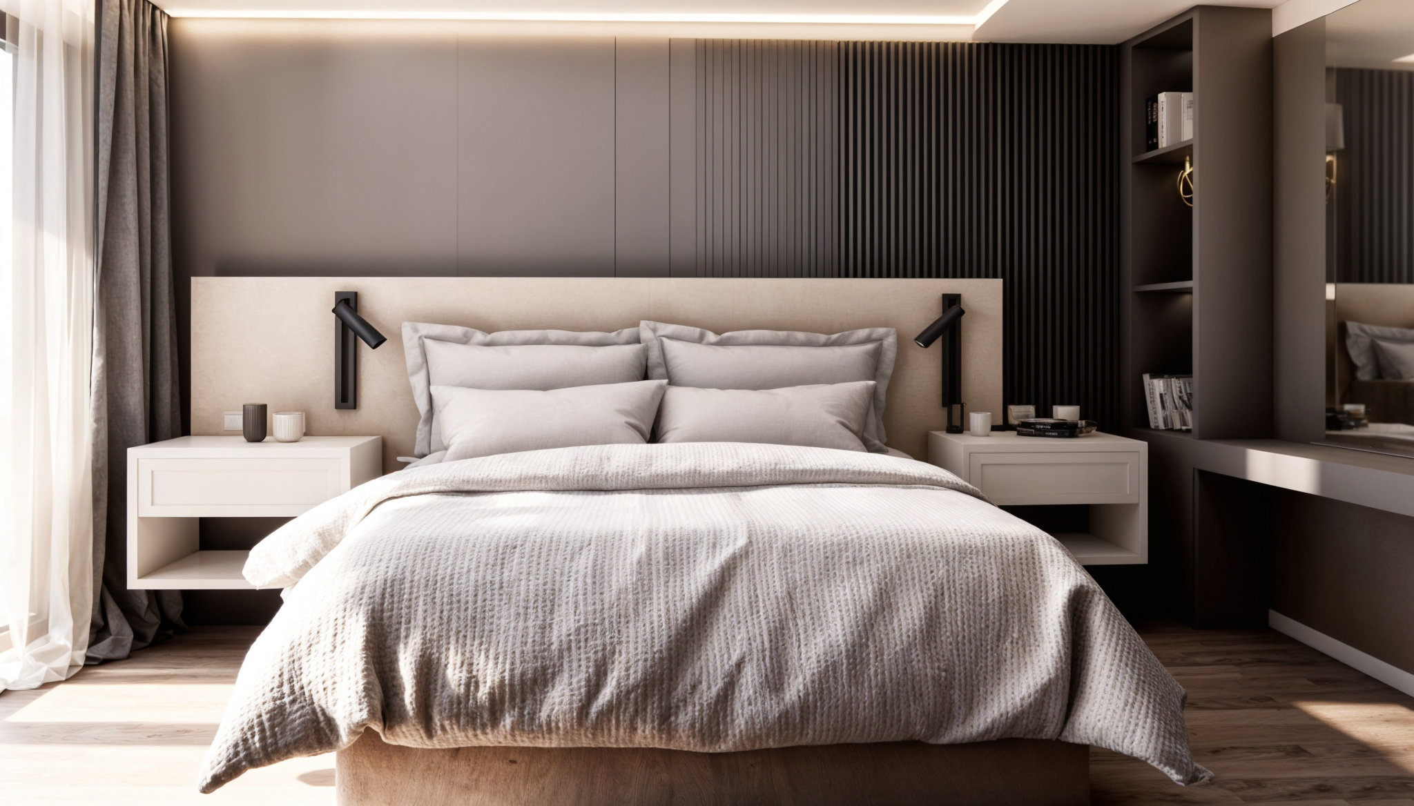Dormitorio moderno con cama de matrimonio con sábanas grises, dos mesitas blancas con lámparas negras y objetos decorativos, cortinas gris oscuro y pared con paneles de madera y una librería con libros.