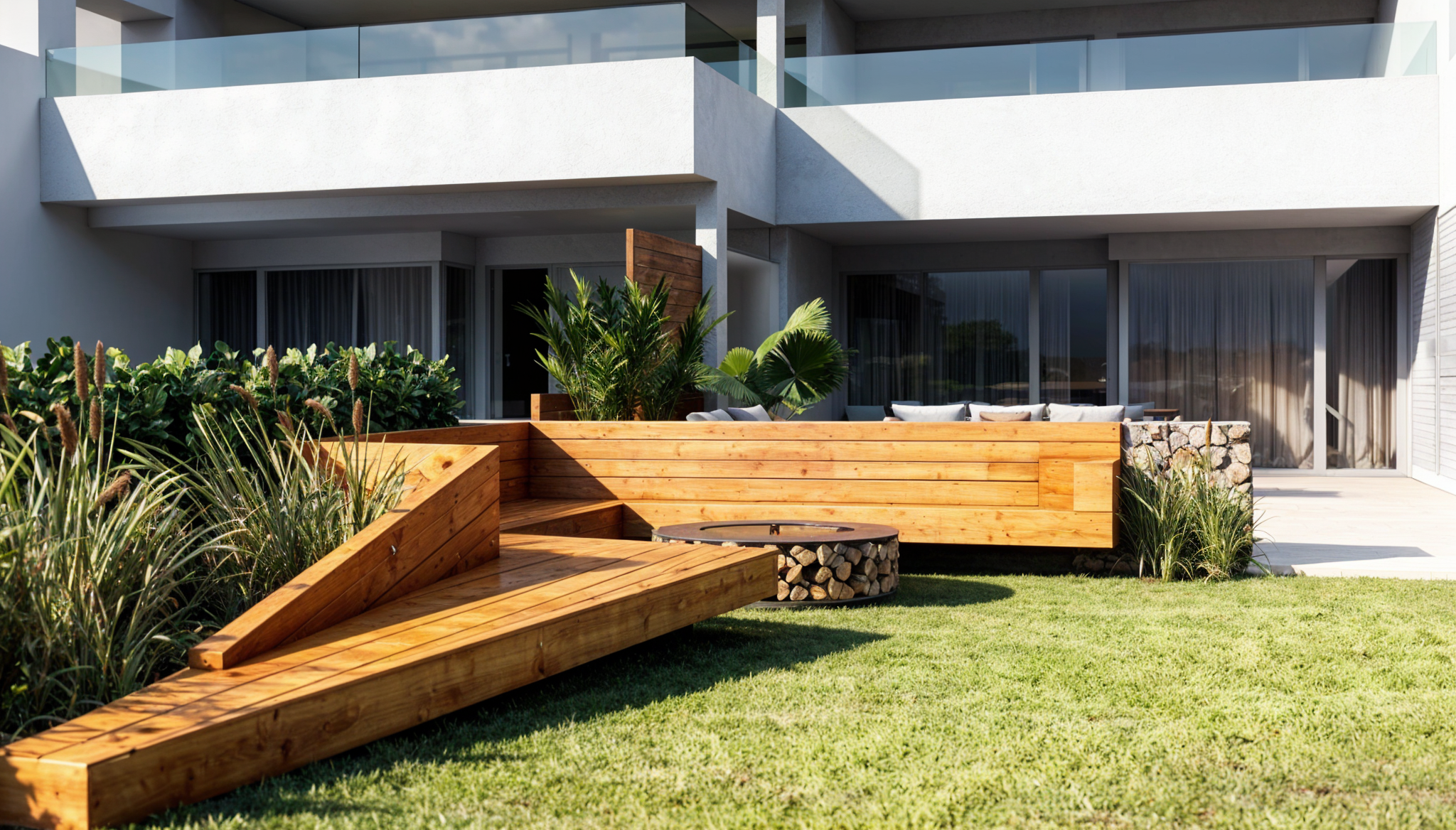 Vista de un patio exterior con jardín, muebles de madera y plantas verdes, en un edificio moderno con ventanas grandes.