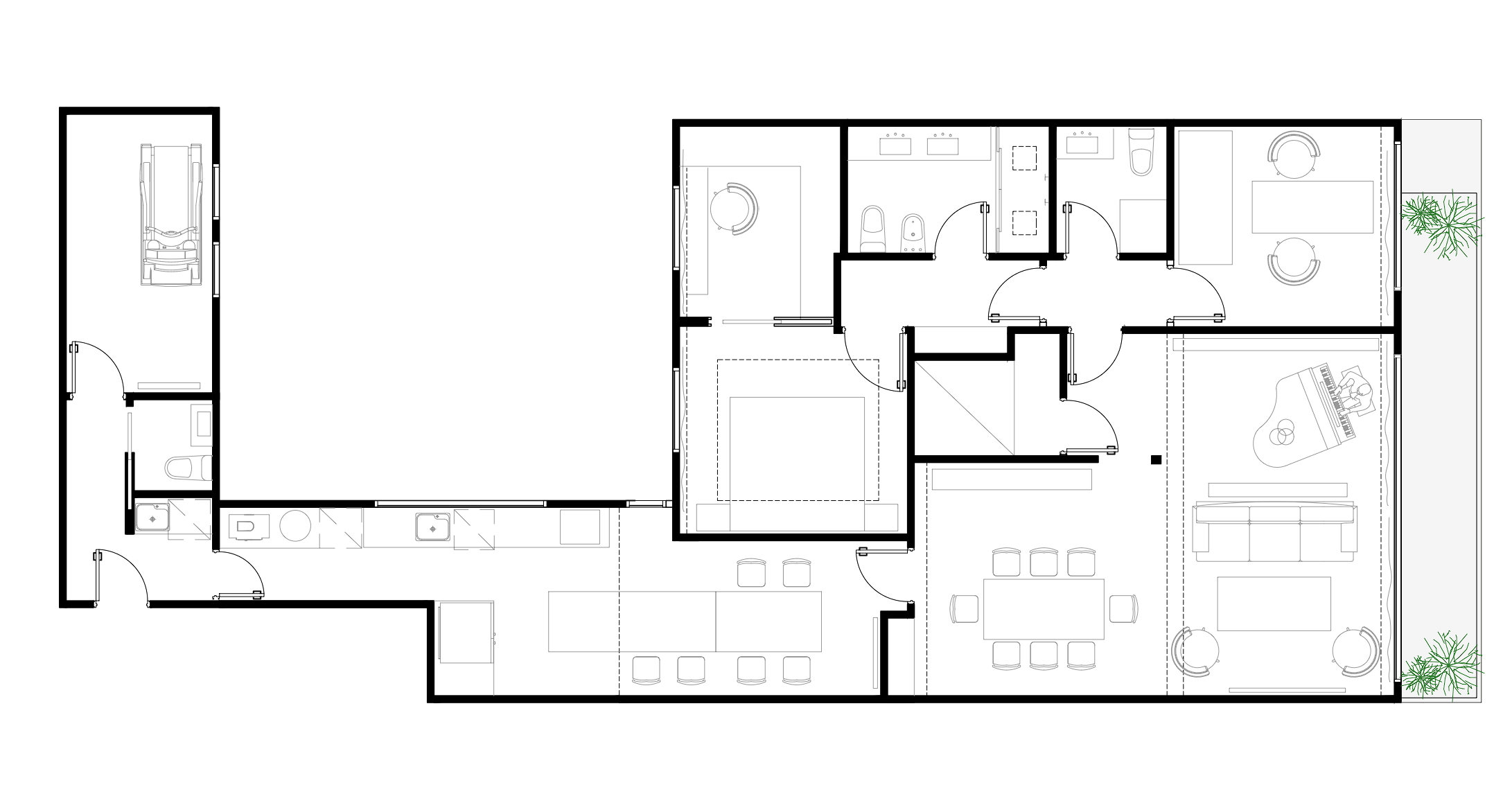 Plano de una casa con varias habitaciones, sala, comedor, cocina, baño y un garaje con vehículo, además de un jardín con plantas en el exterior.