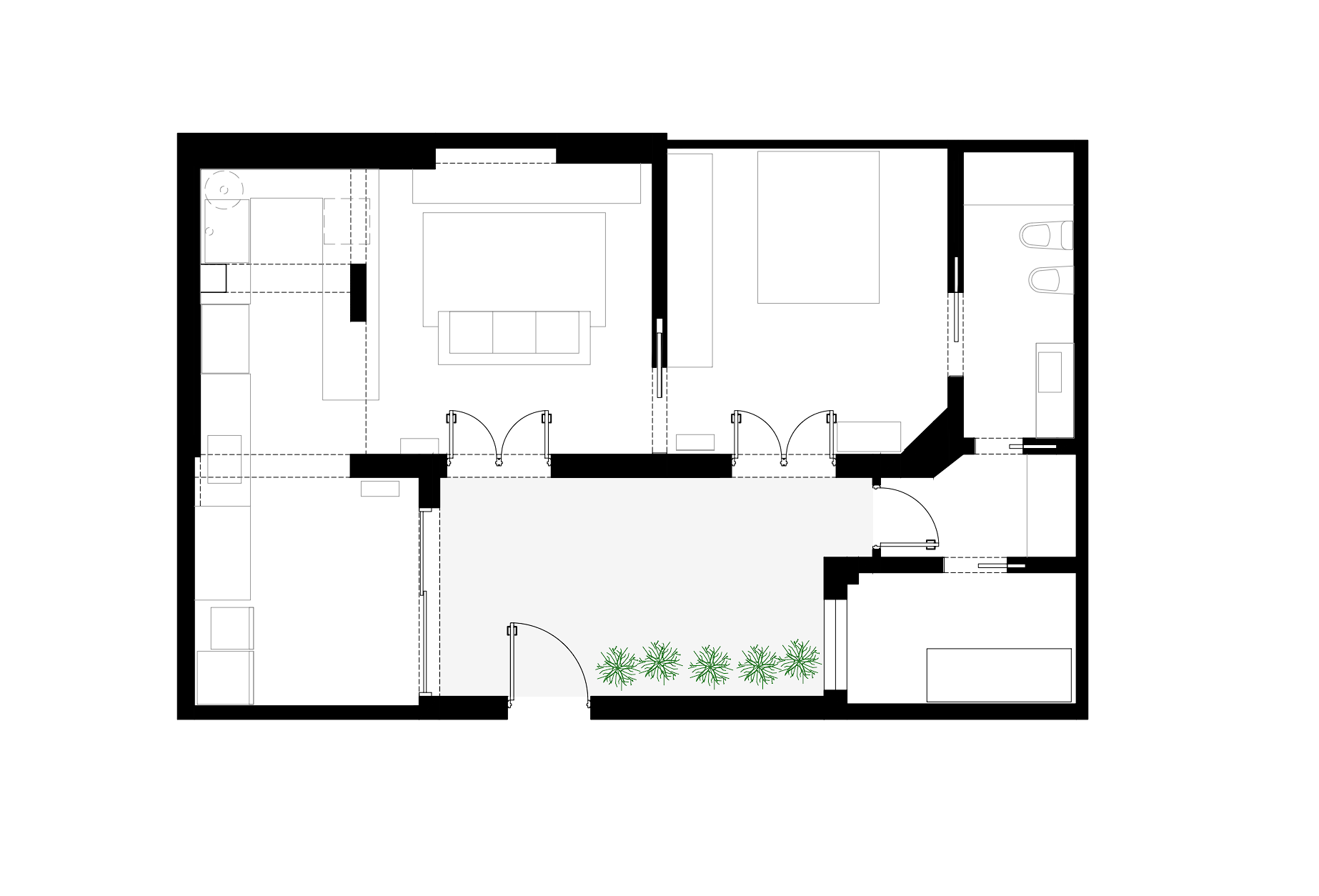 Plano de una casa con varias habitaciones, una sala de estar, dormitorios, un baño y un jardín interior con plantas.
