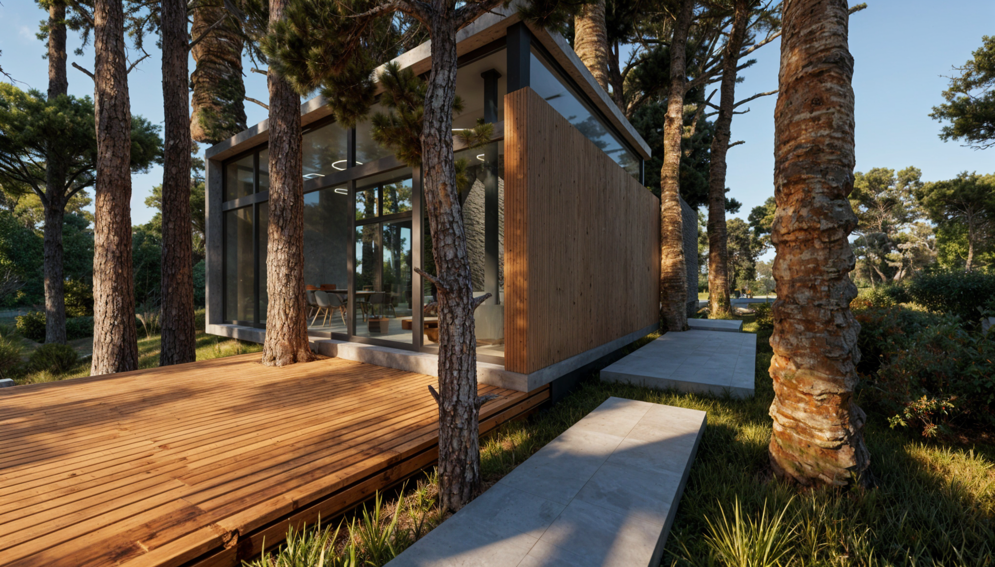 Una casa moderna de vidrio y madera en medio de un bosque de árboles altos con un deck de madera y un camino de piedra.