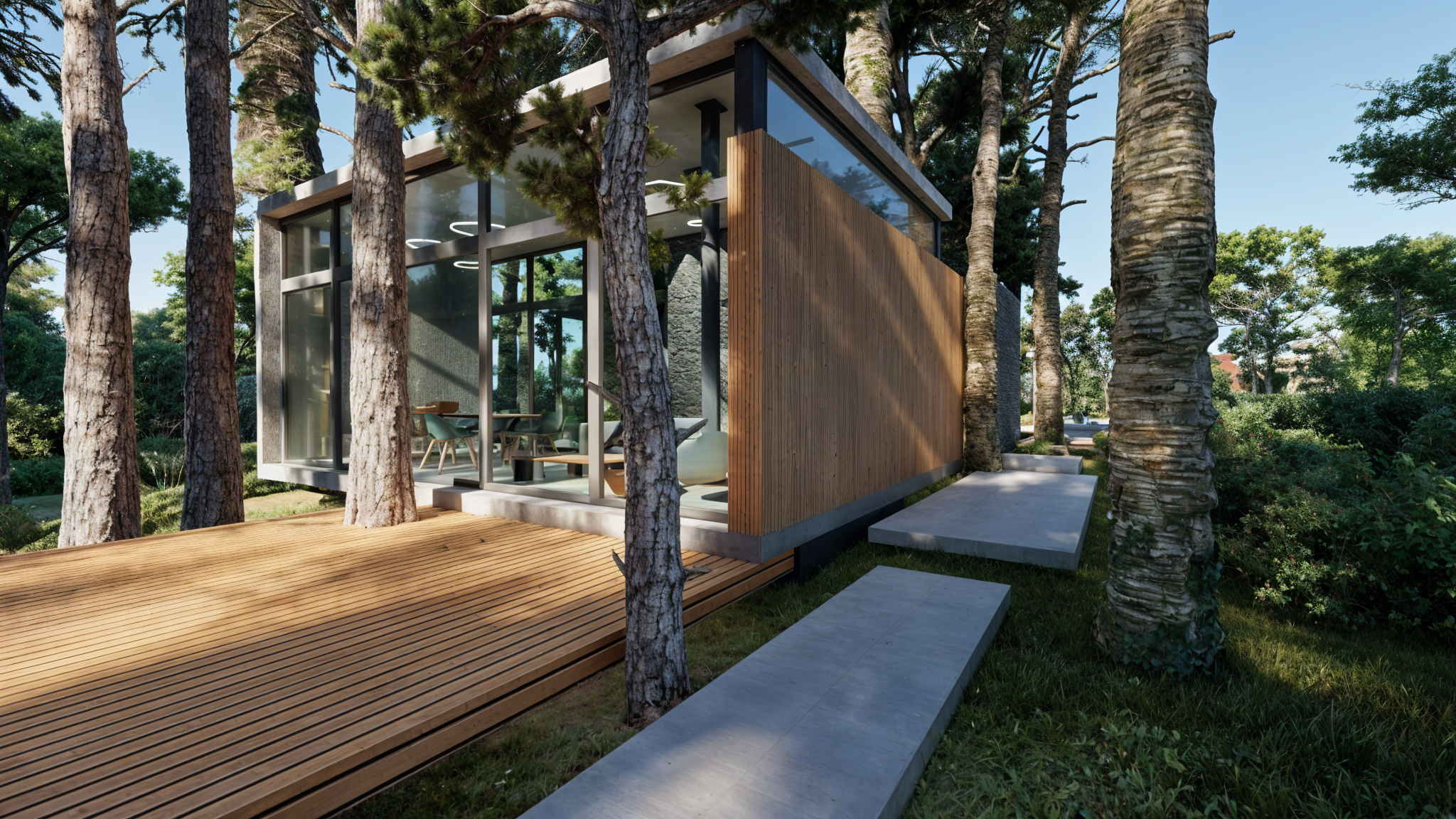 Casa moderna con gran ventanal en medio de árboles y una terraza de madera, rodeada de vegetación