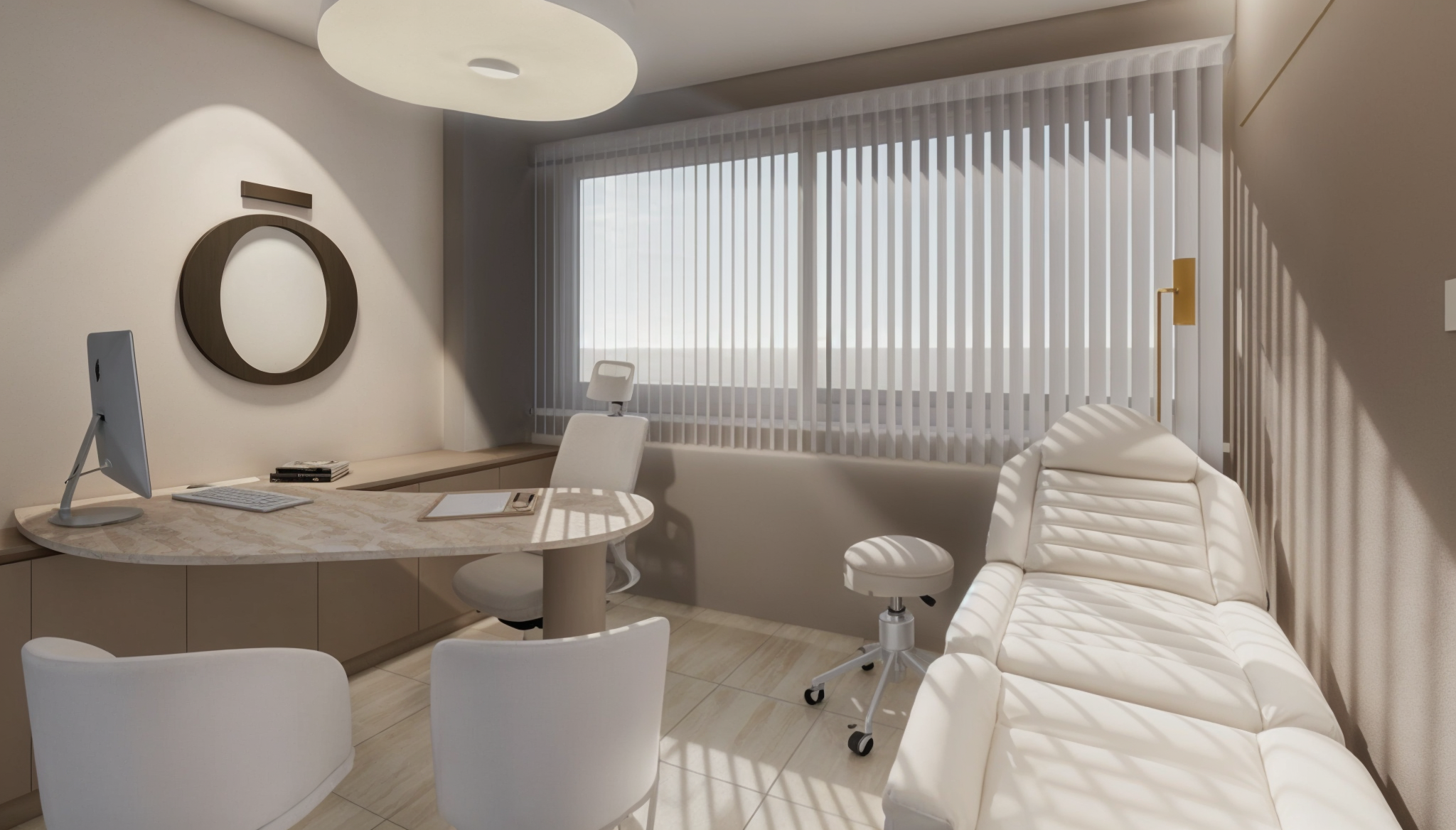 Consultorio médico con cama, silla, escritorio, ordenador, y ventana con persianas verticales, en tonos blancos y beige.