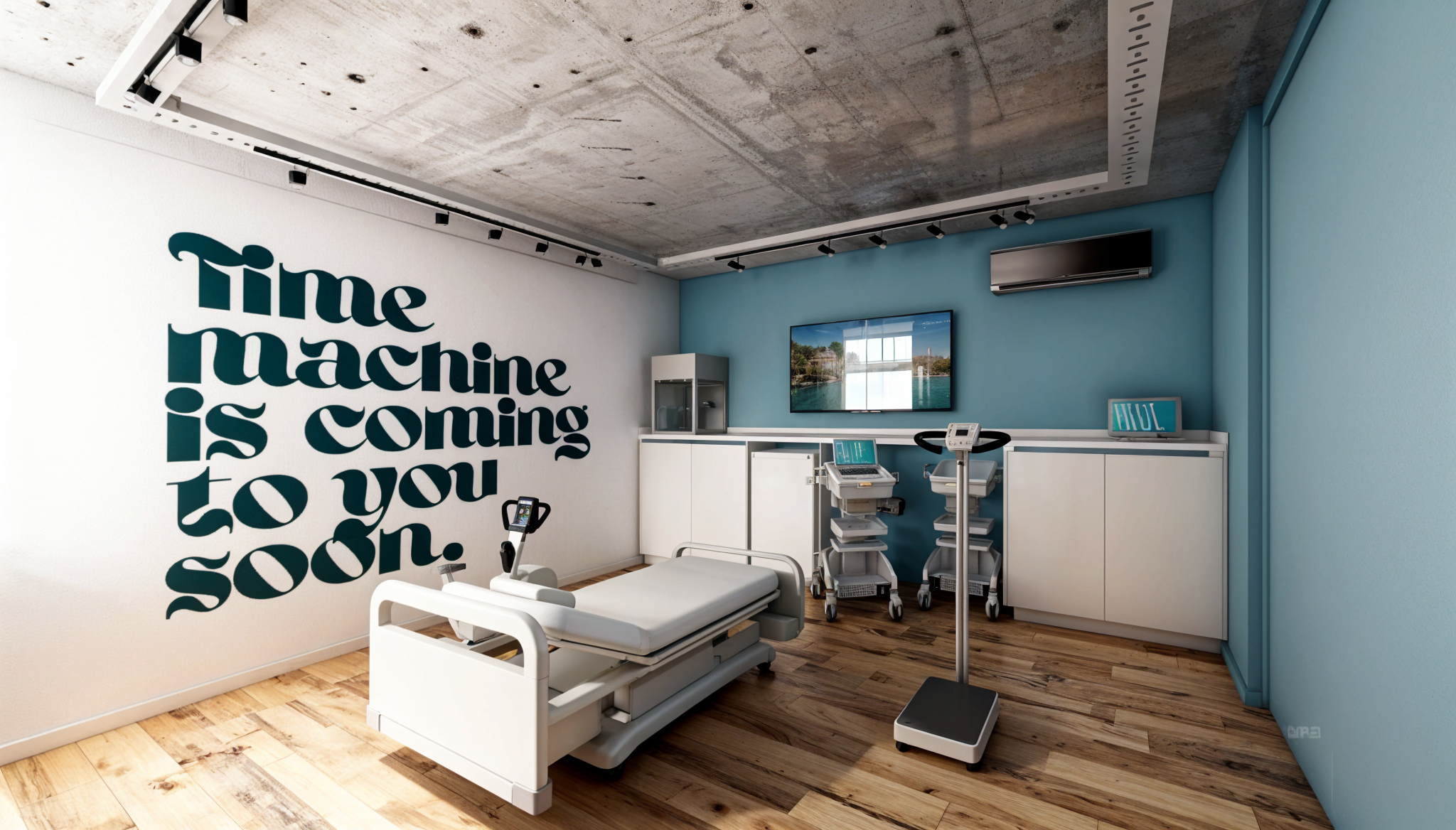 Sala de hospital moderna con cama, monitores, estanterías y paredes decoradas con la frase 'Time machine is coming so you soon' en la pared blanca.