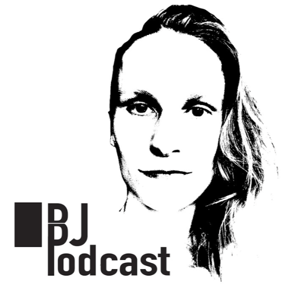 Black and white illustration of a Ida Johnsson with wavy hair and the text 'IBJ Podcast' beside her.