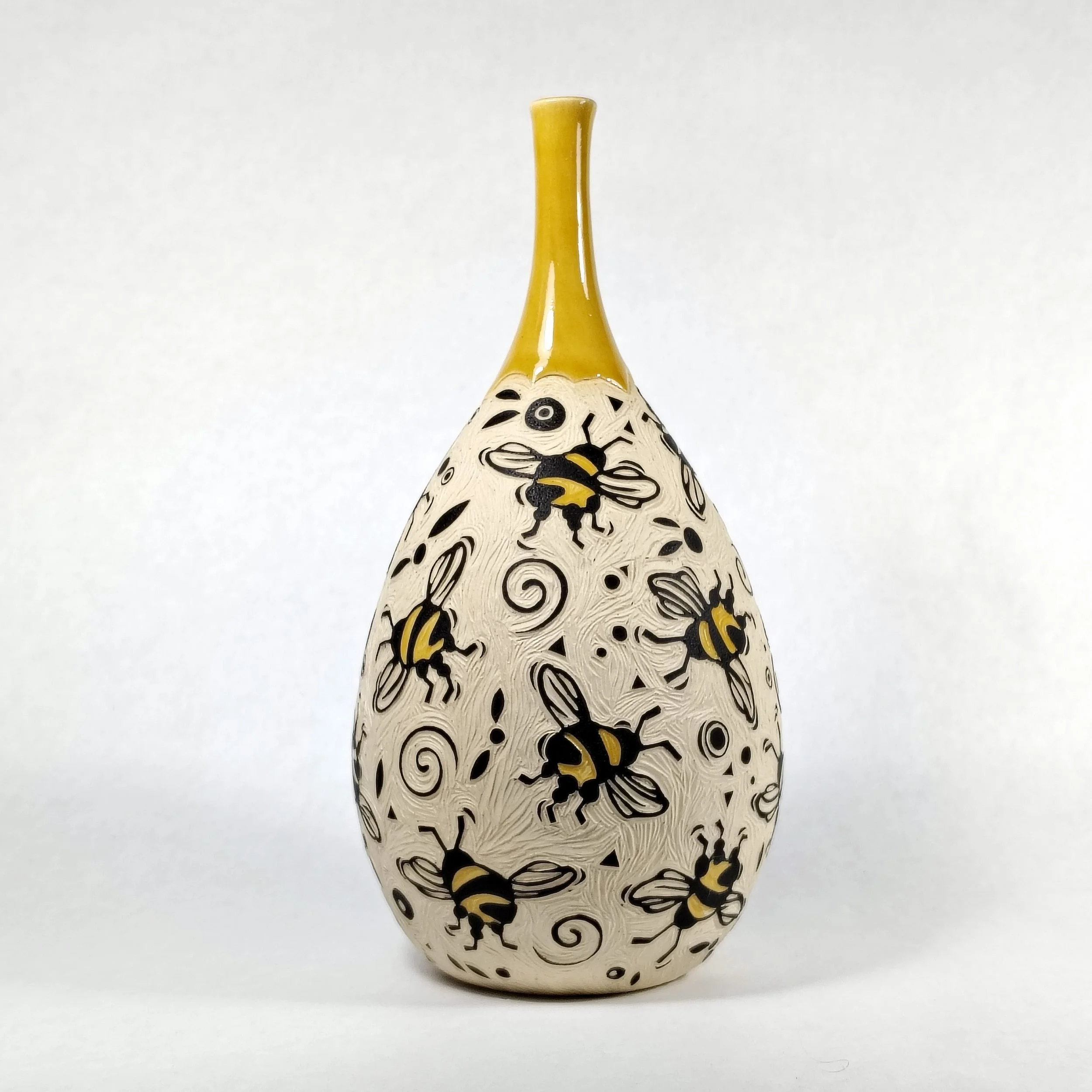 Vase, Tumbling Bumble Bees, Tall Thin Neck, Yellow